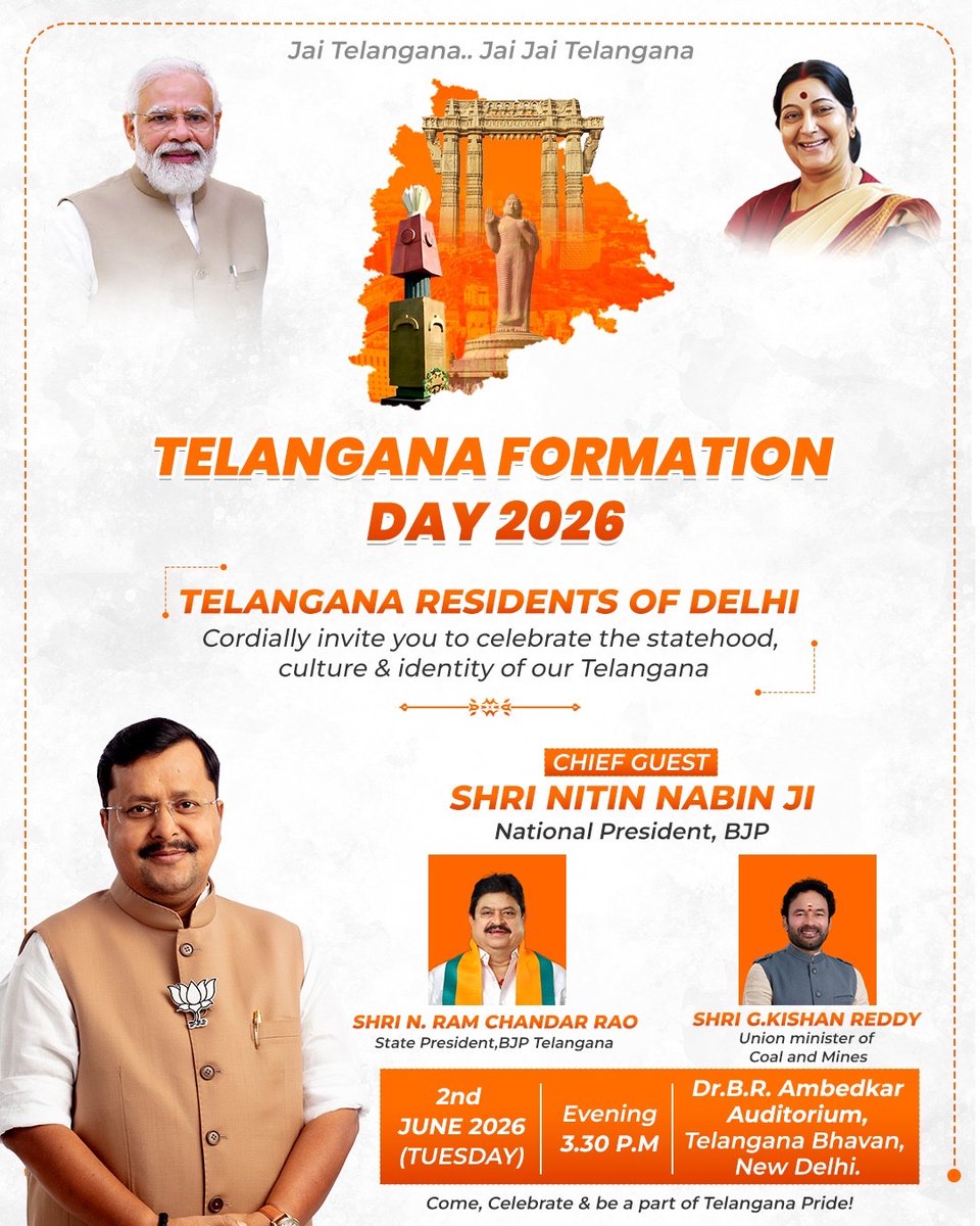 BJP4Telangana's tweet photo. Jai Telangana… Jai Jai Telangana!

Today, we celebrate the rich culture, glorious heritage, and indomitable spirit of Telangana - a land of aspirations, achievements, and pride.

Join us for the Telangana Formation Day 2026 celebrations in New Delhi, graced by Shri @NitinNabin Ji (National President, BJP) along with Shri @N_RamchanderRao Garu (President, BJP Telangana) and Shri @kishanreddybjp Garu (Union Minister for Coal & Mines).

📍 Telangana Bhavan, New Delhi
📅 2 June 2026
🕞 3:30 PM

Come together to celebrate Telangana’s journey, identity, and bright future.

#BJPWithTelangana