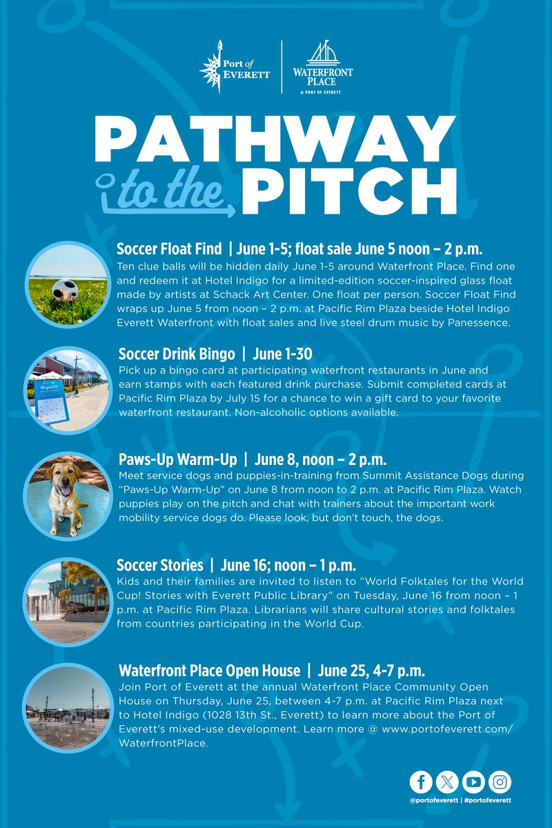 PortofEverett's tweet photo. Come early and stay late at the Port of Everett’s Waterfront Place leading up to FIFA World Cup 2026 with “Pathway to the Pitch” activations featuring a scavenger hunt, puppies, drink bingoal, soccer stories, and more, throughout June. https://t.co/QkdMgV4ZTF