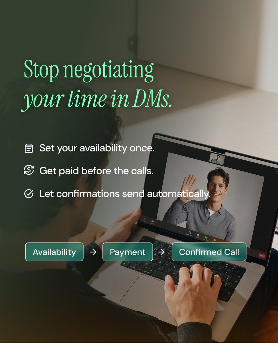 getpopstore's tweet photo. Turn your expertise into paid 1:1 sessions instead.
✔ Set your availability
✔ Choose your price
✔ Get paid before the call
Your calendar fills itself automatically.
No scheduling chaos.
No free consultations.
Just confirmed calls. 
✨ Swipe to see how easy it is 👉 https://t.co/rBeFkbn7aZ