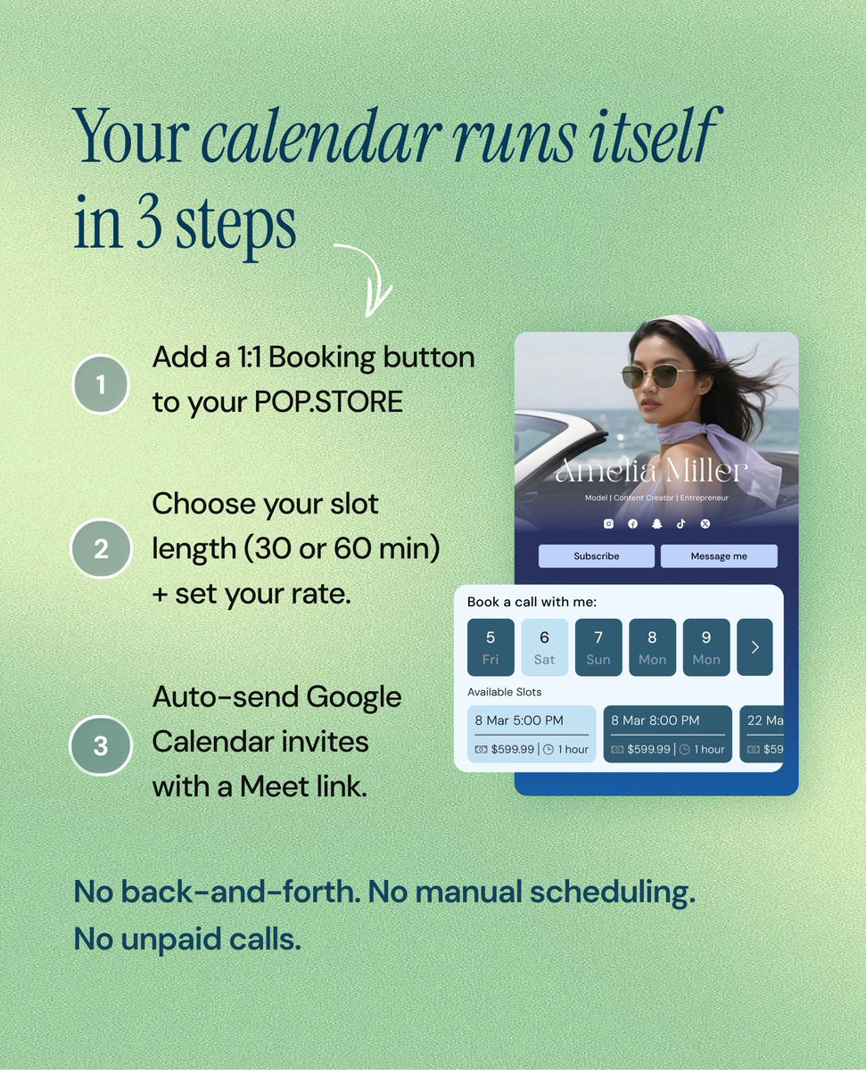 getpopstore's tweet photo. Turn your expertise into paid 1:1 sessions instead.
✔ Set your availability
✔ Choose your price
✔ Get paid before the call
Your calendar fills itself automatically.
No scheduling chaos.
No free consultations.
Just confirmed calls. 
✨ Swipe to see how easy it is 👉 https://t.co/rBeFkbn7aZ