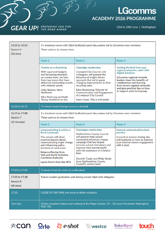 LGcomms's tweet photo. The road ahead for local government comms has never felt more important or more complex.
At LGcomms Academy 2026, we’ll explore the big issues shaping our sector with Sarah Waddington, Heather Jameson and Mandy Pearse.
See you in Nottingham, 23–24 June. https://t.co/MLNXcjQDGa https://t.co/qB7mNq6R0G
