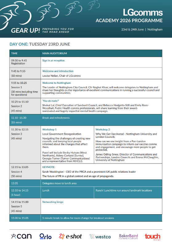 LGcomms's tweet photo. The road ahead for local government comms has never felt more important or more complex.
At LGcomms Academy 2026, we’ll explore the big issues shaping our sector with Sarah Waddington, Heather Jameson and Mandy Pearse.
See you in Nottingham, 23–24 June. https://t.co/MLNXcjQDGa https://t.co/qB7mNq6R0G