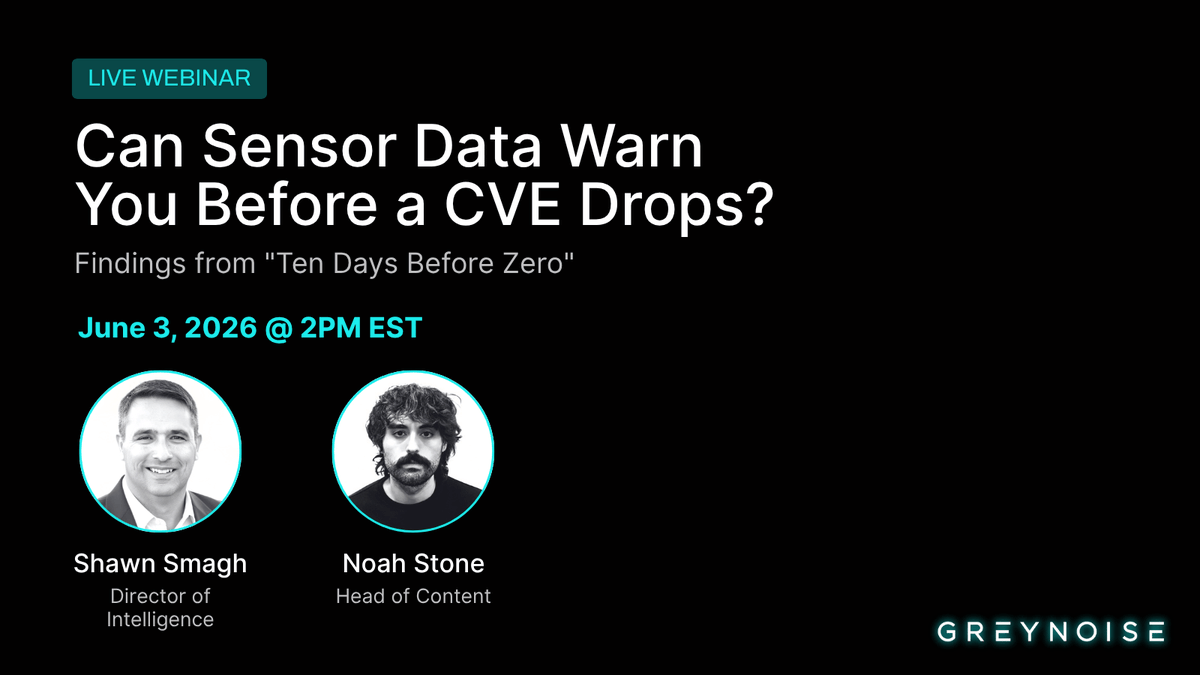 GreyNoiseIO's tweet photo. Before Cisco published CVE-2026-20127 (CVSS 10.0, zero-day), GreyNoise sensors observed eight activity surges compressing from 39 days to 2 days. That countdown pattern repeated across 33 CVEs — with a median lead time of 11 days before public disclosure.

Join us on Wednesday for the  live "Ten Days Before Zero" findings.  https://t.co/hmmpwOsR8L