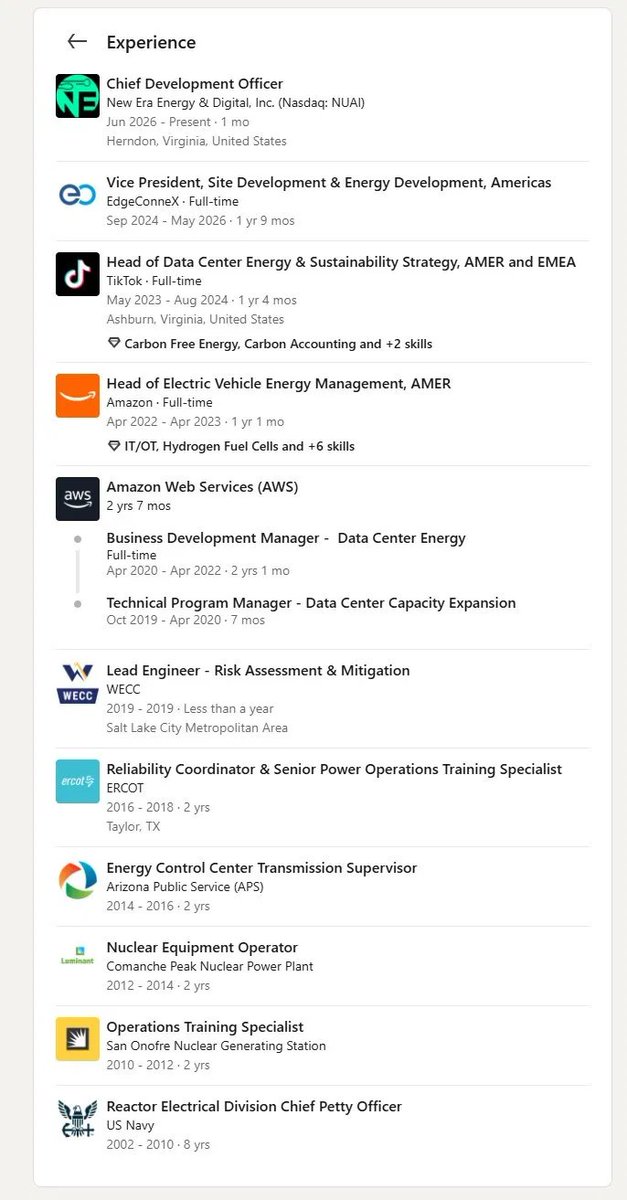 samelifeenjoyer's tweet photo. $NUAI just brought on Evan Pierce as Chief Development Officer.

Below is a brief summary of his experience: 
Nuclear operator (Comanche Peak, San Onofre)
ERCOT reliability coordinator
AWS - data center capacity expansion and business development
TikTok - Head of Data Center Energy & Sustainability, AMER and EMEA
EdgeConneX - VP of Site Development & Energy Development, Americas

People with this resume don't join micro cap companies for a salary. They join because they see something others don't. I would not be surprised if he brings in a wealth of new connections and opportunities for $NUAI much like Ted Warner did on his arrival. 

Maybe what he is seeing at $NUAI is hard to ignore?
The company has a New Mexico site with up to 5GW of nuclear capacity and 2GW of natural gas on deck.
You don't recruit a CDO who spent his career scaling hyperscale energy at AWS, TikTok, and EdgeConneX unless you're planning to actually build something.

I found this particularly interesting. He began his nuclear career as an Equipment Operator at Comanche Peak Nuclear Power Plant operated by Luminant, a Vistra company. Vistra sits right across the road from TCDC. I would not take this as a signal but would in some fashion highlight he has intimate knowledge of the industry and knows what needs to be done at the $NUAI level to get this deal across the finish line and expand the $NUAI footprint to future sites. 

The talent being attracted doesn't lie. I saw this post via LinkedIn this morning. Looks like the thesis continues to play out for $NUAI.