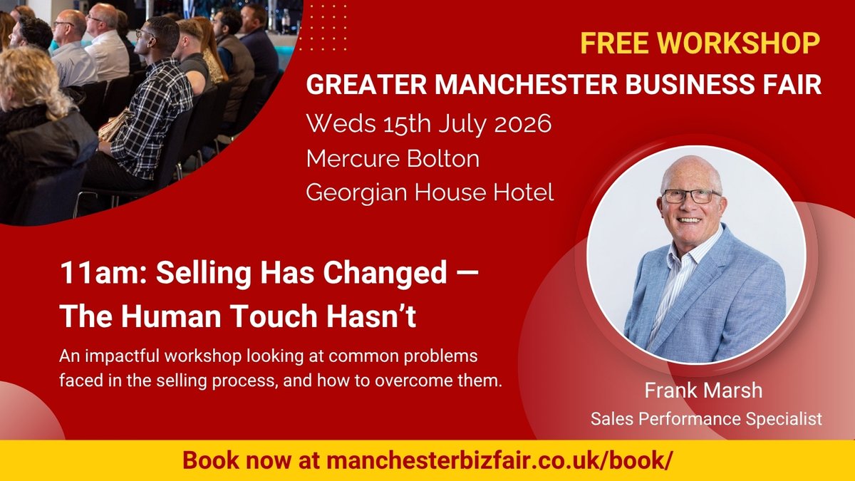 LiverpoolBA's tweet photo. Looking forward to welcoming Frank Marsh to Greater Manchester Business Fair. His workshop session on how selling has changed (but the human touch hasn’t) is free to attend as part of the event.
Get tickets at: https://t.co/turkl3h1BD https://t.co/m6w6kuolvZ