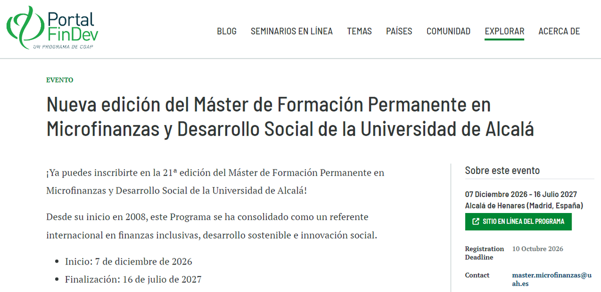 Microfinanzas_C's tweet photo. Nos alegra compartir que la 21ª edición del Máster ha sido difundido por el Portal FinDev Gateway, una de las principales plataformas internacionales de conocimiento en inclusión financiera y microfinanzas:

https://t.co/zm33FgHwX5

📩 master.microfinanzas@uah.es https://t.co/cdKawMImEi