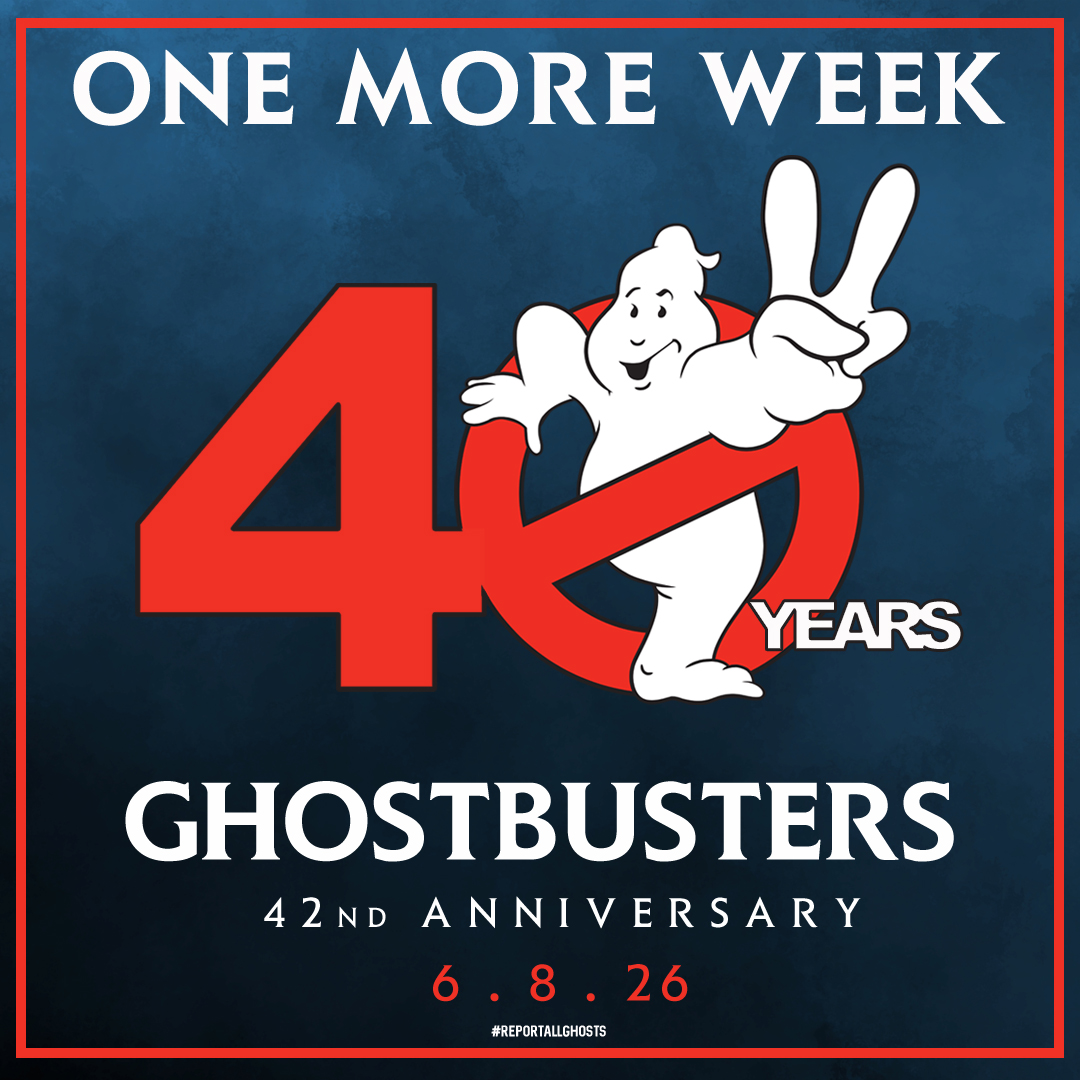 ReportAllGh0sts's tweet photo. ONE. MORE. WEEK. 👻

The Ghostbusters 42nd Anniversary is June 8th, 2026.

What are your predictions for Ghostbusters Day this year? Any new announcements? How will you be celebrating, cadets? 🚫

#ghostbusters #80smovies #anniversary #ghostbustersday #gbday #danaykroyd https://t.co/kkT3wXquoo
