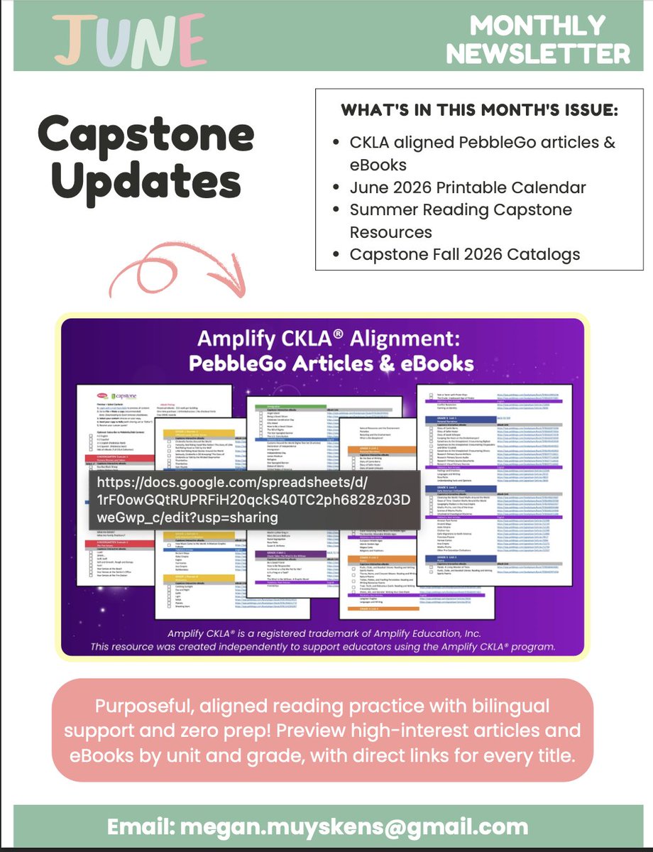meganmuyskens's tweet photo. ☀️📚 The June @CapstonePub Newsletter is here!

Explore CKLA-aligned @PebbleGoHQ resources, a June holiday calendar, summer reading activities, and a sneak peek at our Fall 2026 titles. Perfect for schools and libraries planning ahead! 

Check it out 👉 https://t.co/srNeja4IMP https://t.co/URdIB0lCJm