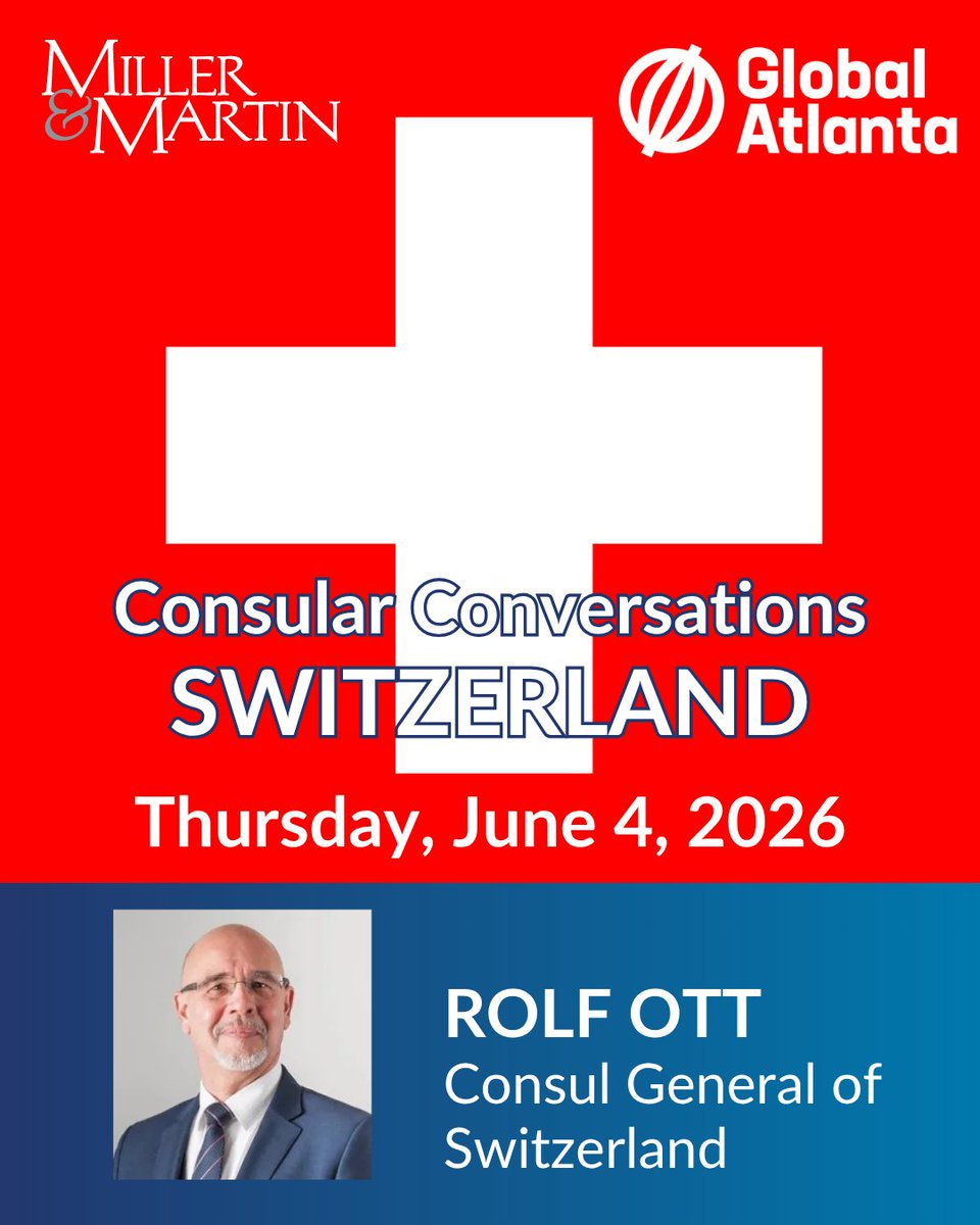 MillerMartinLaw's tweet photo. EVENT | Miller &amp; Martin is excited to present Consular Conversations with Rolf Ott, Consul General of Switzerland in Atlanta, and featuring a one-on-one interview with Global Atlanta Managing Editor Trevor Williams. Learn more and register here: https://t.co/Qh046VV3DF https://t.co/TyWNxm4Ti5