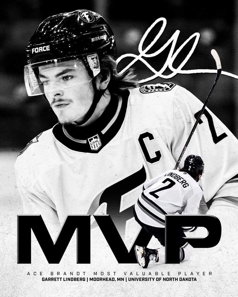 FargoForce's tweet photo. 𝐓𝐇𝐄 𝐌𝐕𝐏🐐

Congratulations to Force Captain Garrett Lindberg on receiving the 25-26 Ace Brandt Most Valuable Player Award! Lindy is the 2nd defenseman in franchise history to receive the DOTY &amp; MVP awards in the same season! https://t.co/YeSW3PrRc4