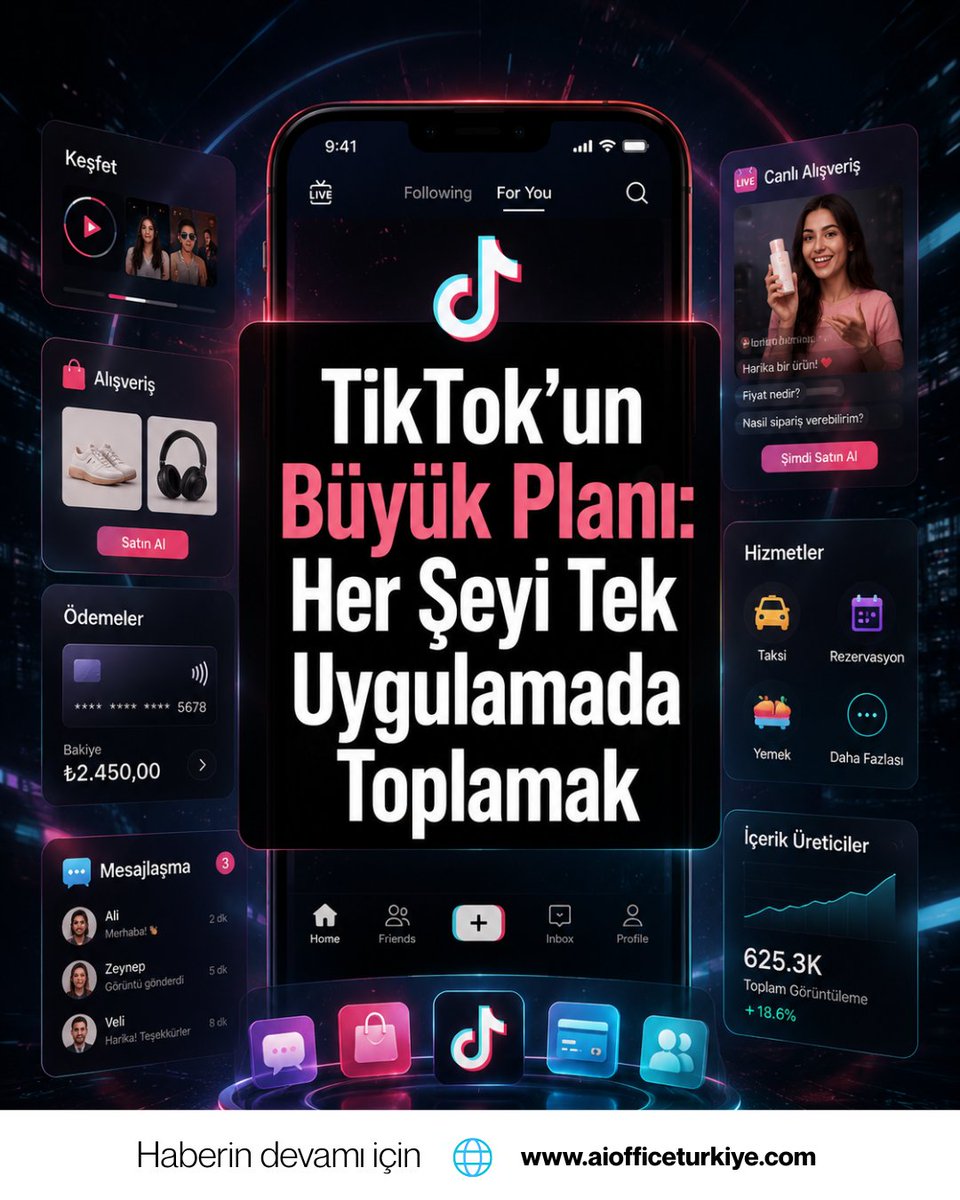 aiofficetr's tweet photo. TikTok artık sadece bir sosyal medya uygulaması olmak istemiyor. 📱🌍

Ve hedefi oldukça büyük:

Her şeyi tek uygulamada toplamak.

TikTok son yıllarda sessizce dönüşüyor.

Kısa videolarla başlayan platform artık:

•⁠  ⁠alışveriş
•⁠  ⁠ödeme sistemleri
•⁠  ⁠mesajlaşma
•⁠  ⁠içerik üretimi
•⁠  ⁠canlı yayın ekonomisi

gibi alanlara daha agresif şekilde yatırım yapıyor.

Bu strateji teknoloji dünyasında yeni değil.

Çin’de milyarlarca insanın kullandığı süper uygulamalar yıllardır aynı modeli uyguluyor:

Tek uygulama.
Tek hesap.
Tek ekosistem.

TikTok’un da uzun vadede benzer bir yapıya dönüşmek istediği giderek daha net görülüyor.

Çünkü artık mesele insanların uygulamaya gelmesini sağlamak değil,

uygulamadan hiç çıkmamalarını sağlamak.

Asıl kritik değişim burada başlıyor.

Platformlar artık birbirleriyle özellik yarışına girmiyor.

Kullanıcının gününün ne kadarını kontrol edebildikleriyle yarışıyor.

🚀 AI Office Türkiye Yorumu:

Teknoloji dünyasında yeni savaş uygulamalar arasında değil, ekosistemler arasında yaşanıyor. Kazanan şirket, en iyi özelliği sunan değil; kullanıcının dijital hayatının en büyük bölümünü yöneten olacak.

👉 Detaylı haber için https://t.co/3KQwR77Z9s
🔔 Yapay zeka ve teknoloji dünyasındaki gelişmeleri kaçırmamak için bizi takip edin

#aiofficeturkiye #aiofficetr #TikTok #SuperApp #YapayZeka #Teknoloji