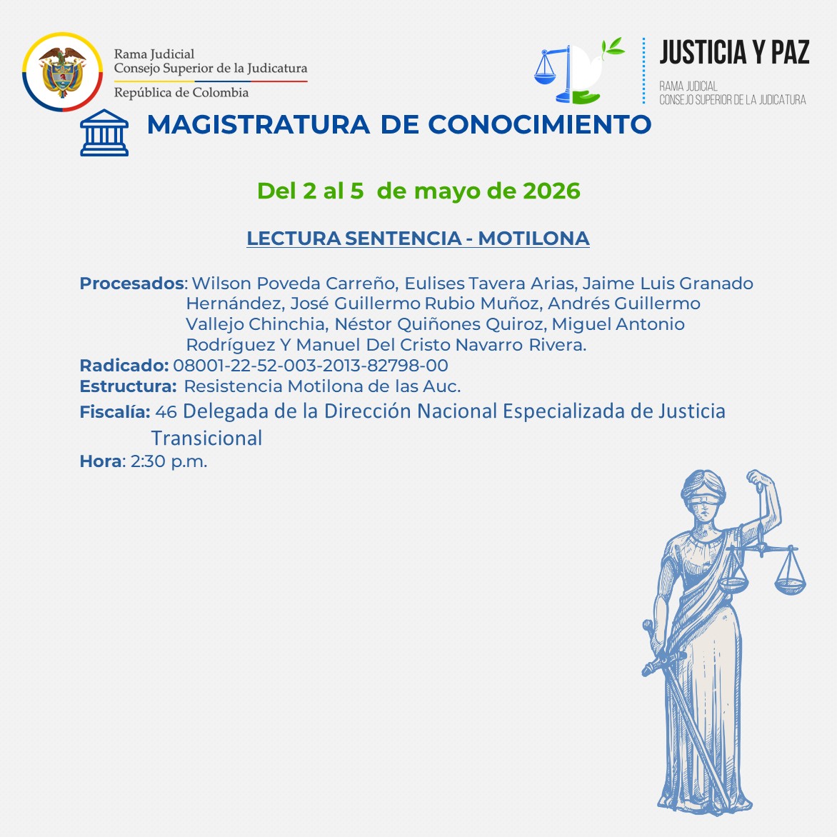 juspazbaq's tweet photo. #AgendaDeLaSemana🗓 | La Sala Penal de Justicia y Paz del Tribunal Superior del Distrito Judicial de #Barranquilla está comprometida con la justicia y la transparencia. ⚖🇨🇴
Consulta nuestra agenda para la semana del 01 al 05 de junio de 2026 ➡https://t.co/j3S0u8sYv5 https://t.co/gLbdrTpkwD