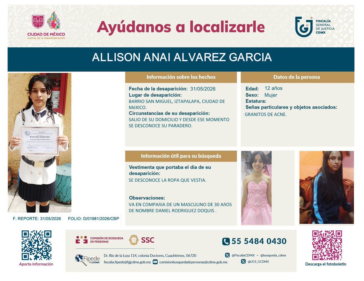 BelemMG91's tweet photo. Les pido por favor me ayuden a difundir,mi sobrina de nombre Allison Anaí Álvarez García de 12 años fue sustraída bajo engaños por este tipo:su nombre es Daniel Rodríguez Doquis,tiene 30 años
Ya tenemos más de 24 horas sin saber nada de ella y @FiscaliaCDMX no hace su trabajo https://t.co/D7Y2cxgiIq