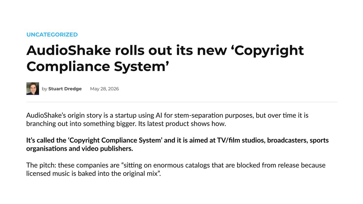 AudioShakeAI's tweet photo. What began as stem separation is now something bigger.

@MusicAlly's @stuartdredge on our Copyright Compliance System — detecting, removing, and documenting licensed music so blocked catalogs can finally ship. ESPN and NFL Films are early users. https://t.co/z5YIMfeKWD