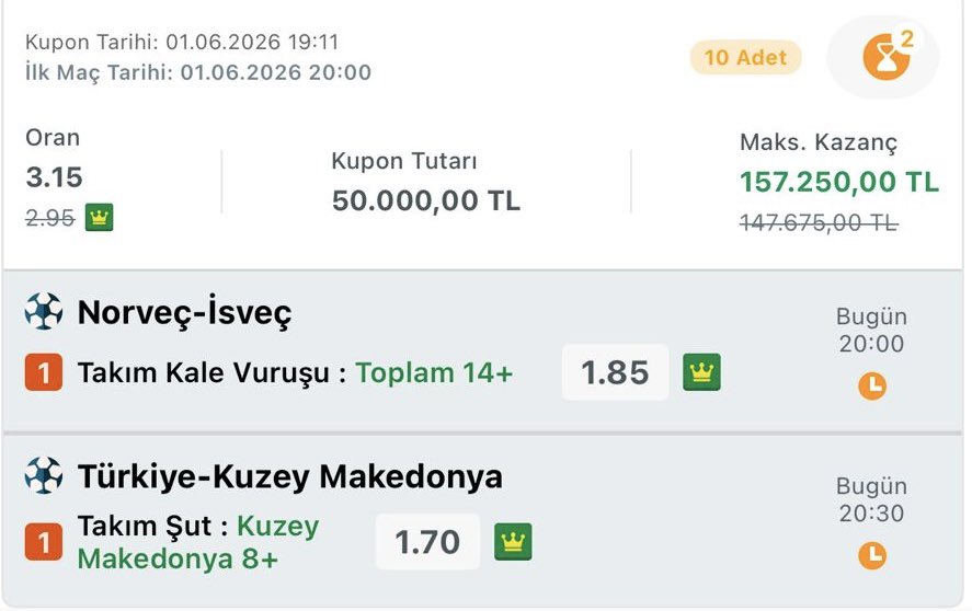 Beteorrr's tweet photo. Uzun zamandır bağış yapmıyordum. Tüpçüye bu kuponla bağış yapmayı düşünüyorum. Takiplik aldım sonuçta hazırlık maçları bunlar asıl şov dünya kupasında kasanızı eritmeyin

•Norveç maçı kağıt üstünde tempolu geçmesi bekleniyor oyuncular yeteneksiz kale vuruşu oran ve barem olarak hoşuma gitti.

•Türkiye kadrosu hoşuma gitmedi,makedonya hazırlık maçında da bi zahmet geriye yaslanmasın diye düşündüm.