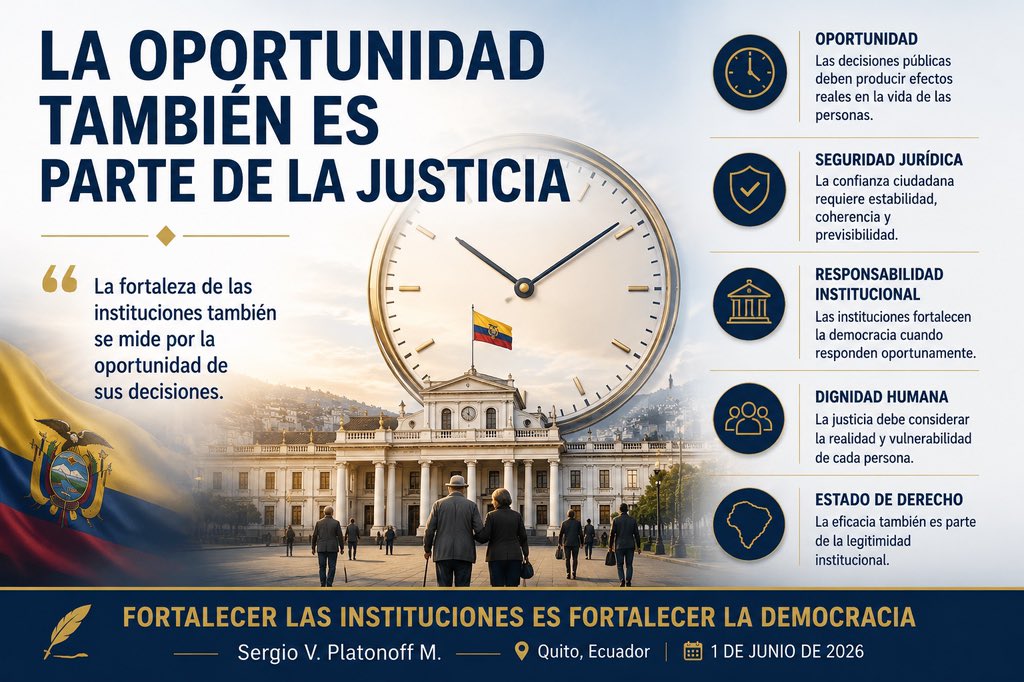 SerPlaton's tweet photo. 🇪🇨 Las instituciones se fortalecen cuando sus decisiones son coherentes, responsables y oportunas.

La justicia tardía puede vaciar de contenido la protección de los derechos.

Comparto una reflexión sobre seguridad jurídica, confianza legítima y el valor de las decisiones que llegan a tiempo.

Artículo completo:
https://t.co/Rxnhx8eOtb

#EstadoDeDerecho #CoherenciaInstitucional #SeguridadJurídica #Ecuado