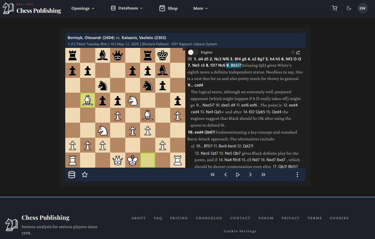 chesspublishing's tweet photo. Jobava-London expert @BortnykChess has been experimenting with a very interesting new idea, 9 Bb5!? in his favourite system. @richardpalliser covers this in his May update.
Make sure you keep up to date with any opening developments, and subscribe here 👇
https://t.co/DIbscYjpdK https://t.co/oQmdCaCKOs