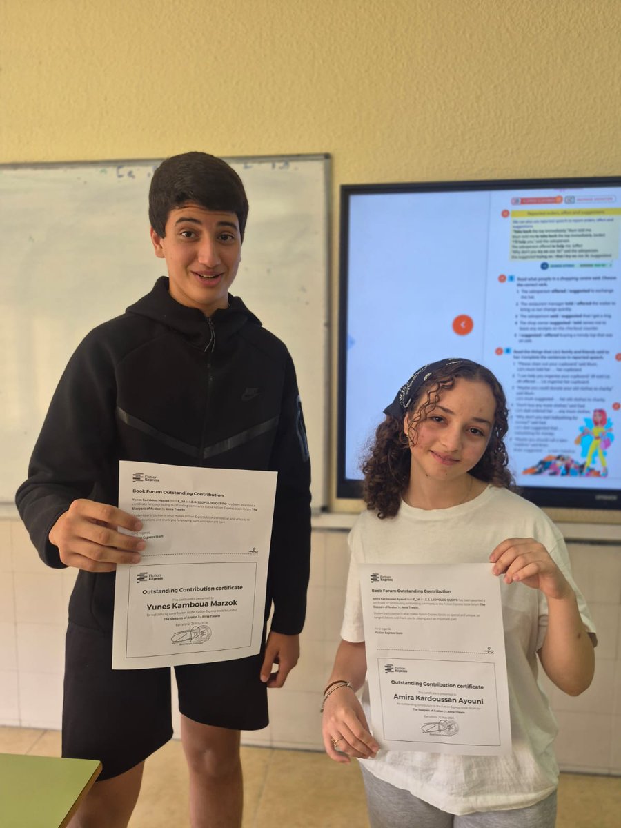 ieslqueipo's tweet photo. 🏆 Yunes y Amira (3ºA) y Dicraa (1ºG) han recibido el certificado Outstanding Contribution de Fiction Express por la calidad de sus intervenciones en el foro en inglés.¡Enhorabuena! 👏🇬🇧#FictionExpress #IESLeopoldoQueipo #OrgulloQueipo https://t.co/s6c8Fumzcj