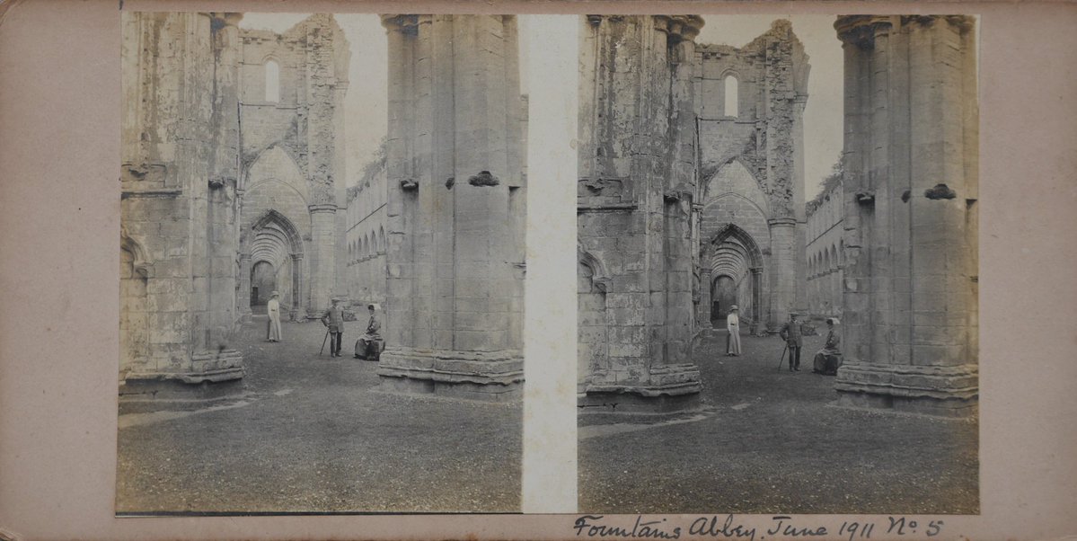 barbed50's tweet photo. Another Fountains Abbey 1911 stereo featuring an interior view and members of the visiting party.

More stereos via the blogpost link below. https://t.co/C8jsGR7krL