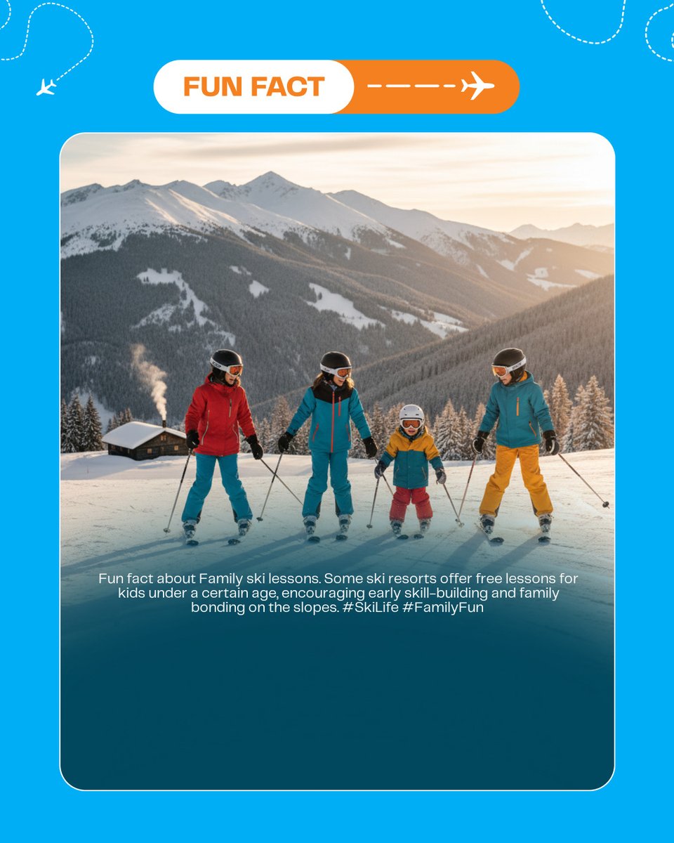 FamilyVacayTips's tweet photo. Fun fact about Family ski lessons. Some ski resorts offer free lessons for kids under a certain age, encouraging early skill-building and family bonding on the slopes. #SkiLife #FamilyFun #traveltimes https://t.co/3gJoRHTJl7
