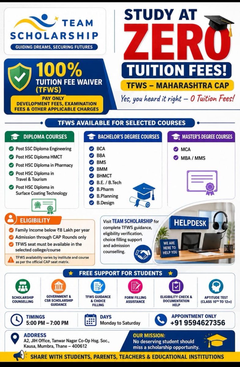 TeamScholarship's tweet photo. Study at Zero Tuition Fees π’
#TFWS #Maharashtra
For more details refer the attachment. π©
#EducationForAll https://t.co/NiEcXQCL2B