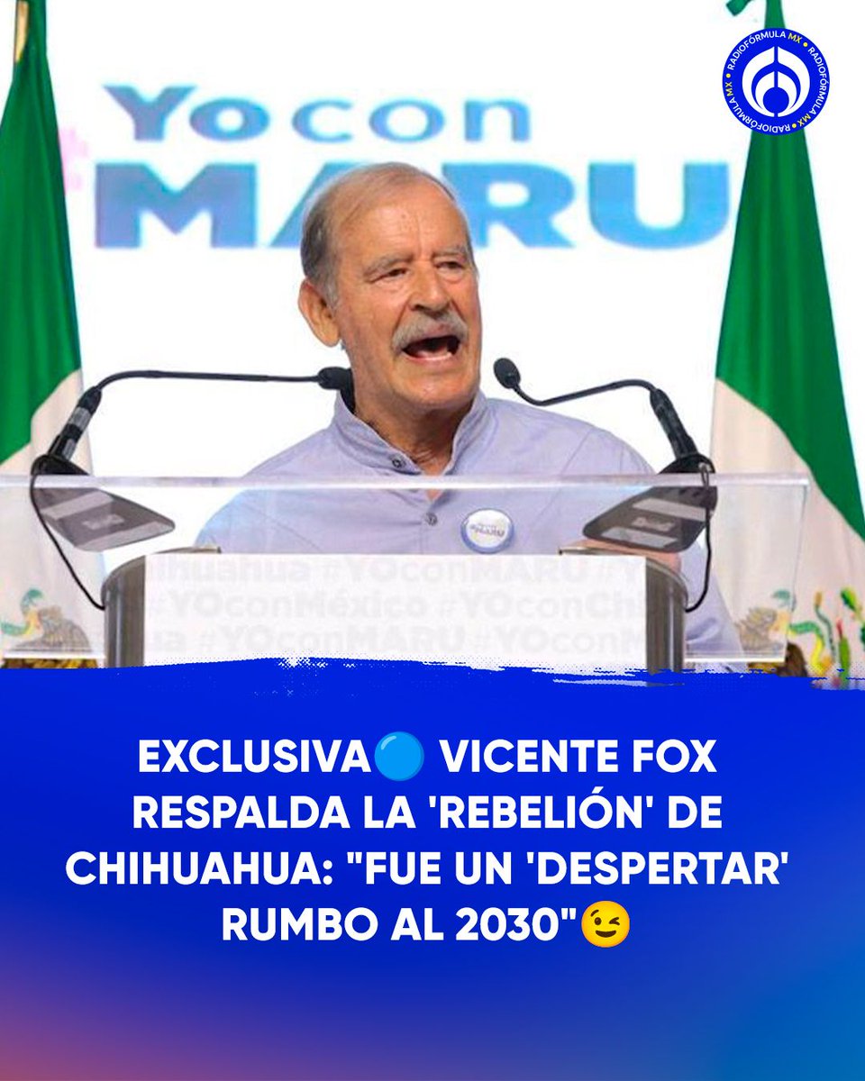 Radio_Formula's tweet photo. ¿Será? 👀🔵El encuentro político donde integrantes del PAN respaldaron a la gobernadora de Chihuahua, Maru Campos, es una ‘rebelión’ que llevará a la oposición a la meta en 2030, afirmó el expresidente Vicente Fox (@VicenteFoxQue):

“Gracias a esta rebelión en Chihuahua donde vamos todos a impulsarla y de ahí al final en el 2030, la meta es clara, necesitamos un gobierno honesto”.👊

Acá más información: https://t.co/wIvcmmfbsT