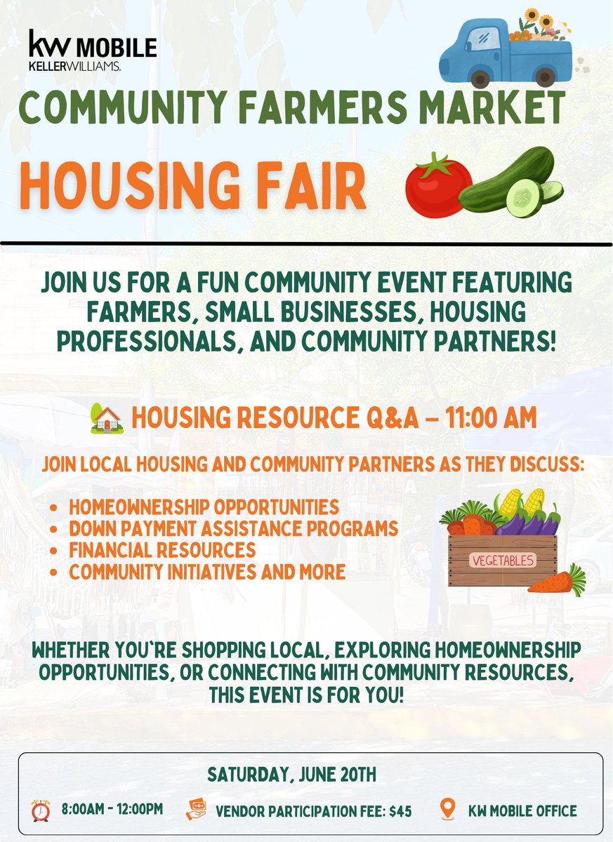 sol_dby's tweet photo. 🌽🏡 Join us for a morning of fresh local vendors, community connections, and valuable homeownership resources at our Community Farmers Market + Housing Fair on June 20th!

#CommunityFarmersMarket #HousingFair #KWMobile #PrimeRealtyGroup #ShopLocal #SupportLocal #Homeownership ✨ https://t.co/9sKiNcGFt8