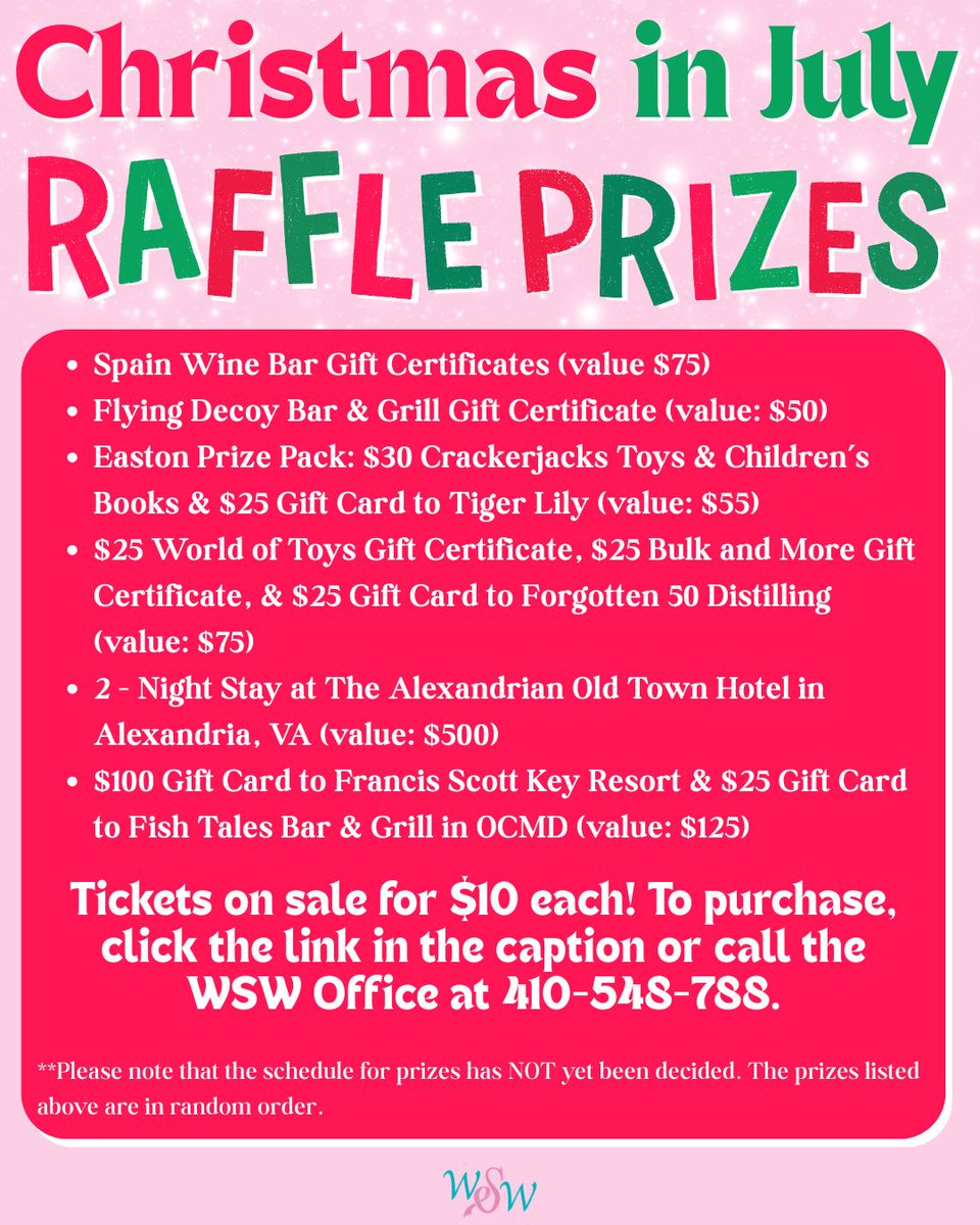 WSWDelmarva's tweet photo. You may have seen the sneak peek at our raffle prizes for Christmas in July last week, but we decided to let you in on all the things you could win from this year's raffle. As promised, overnight stays, excursions, jewelry, &amp; gift cards galore! Click the link below to learn more! https://t.co/KEDa3MGjCm