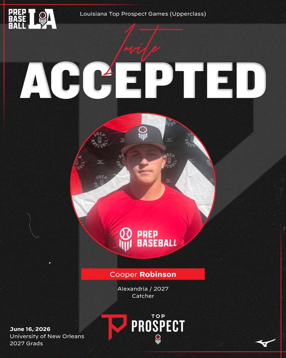 PrepBaseballLA's tweet photo. 🎟️ #𝐋𝐀𝐓𝐏𝐆𝟐𝟔 𝐈𝐧𝐯𝐢𝐭𝐞 𝐀𝐜𝐜𝐞𝐩𝐭𝐞𝐝

We’re excited to see the following players at the Upperclass Top Prospect Games on June 16th at the University of New Orleans.

‘27 Cooper Robinson (Alexandria)

‘27 Larry Rodrigue (Destrehan)

‘27 Mason Rogillio (West Feliciana)

‘27 Gregory Ruiz III (Holy Cross)

Event page with complete roster and all the details below ⬇️ 

#BeSeen

🖇️ https://t.co/I0hKpmdM0I