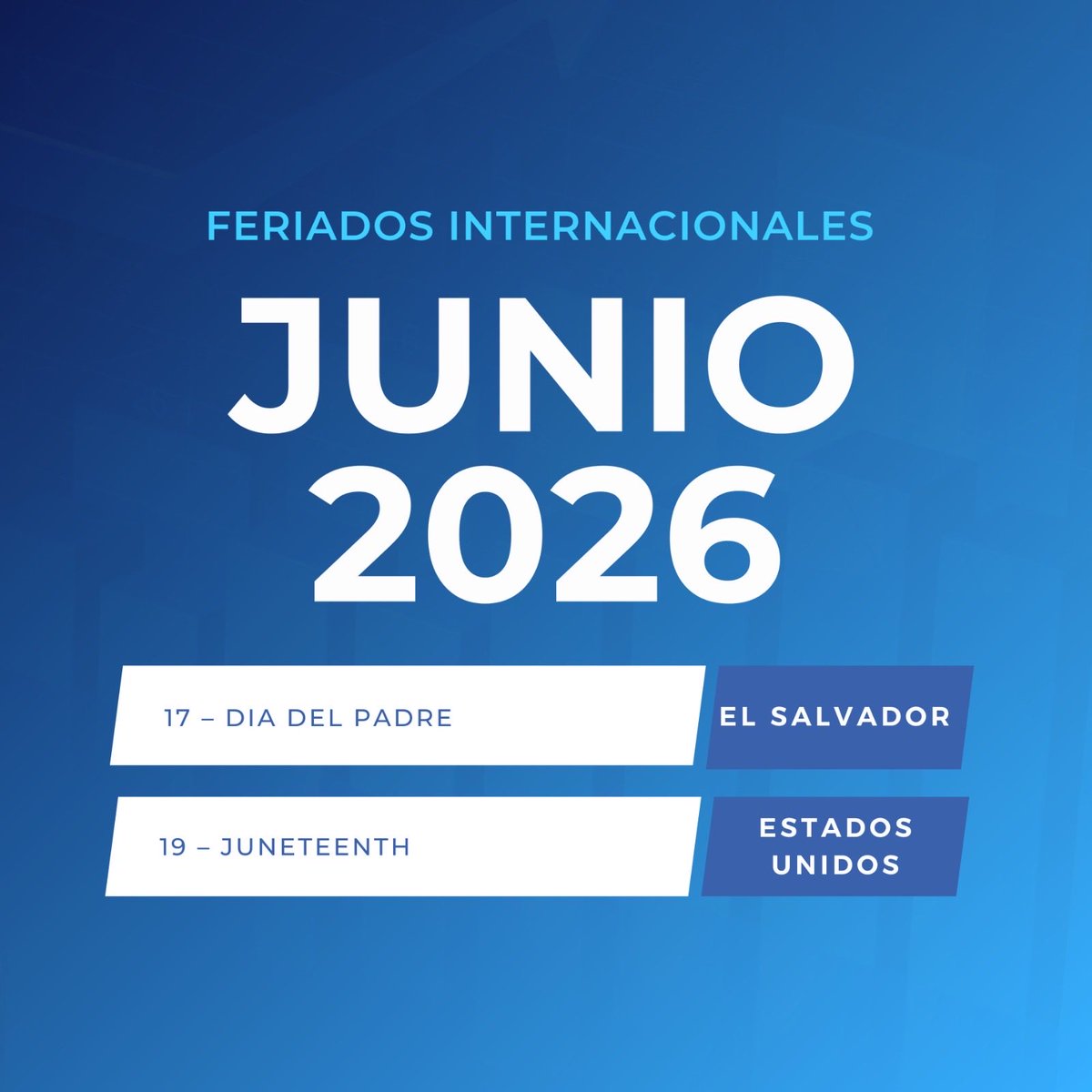 CEDEVALSV's tweet photo. Compartimos las fechas de feriados internacionales correspondientes a junio 2026. https://t.co/kwXQt0iNxp