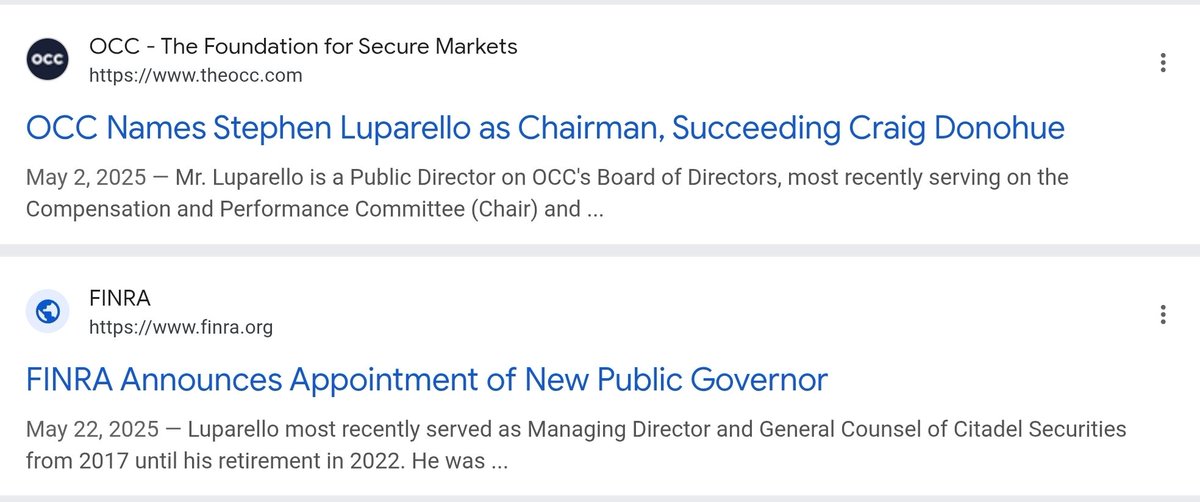 RareDealsHere's tweet photo. Stephen Luparello's reward for protecting Market Makers/Broker Dealers for years while at FINRA and the SEC is getting hired by Citadel, being named Chairman of the OCC, and becoming a Public Governor for FINRA.

The last image is an AI summary of a portion of his Bernie Madoff testimony.
