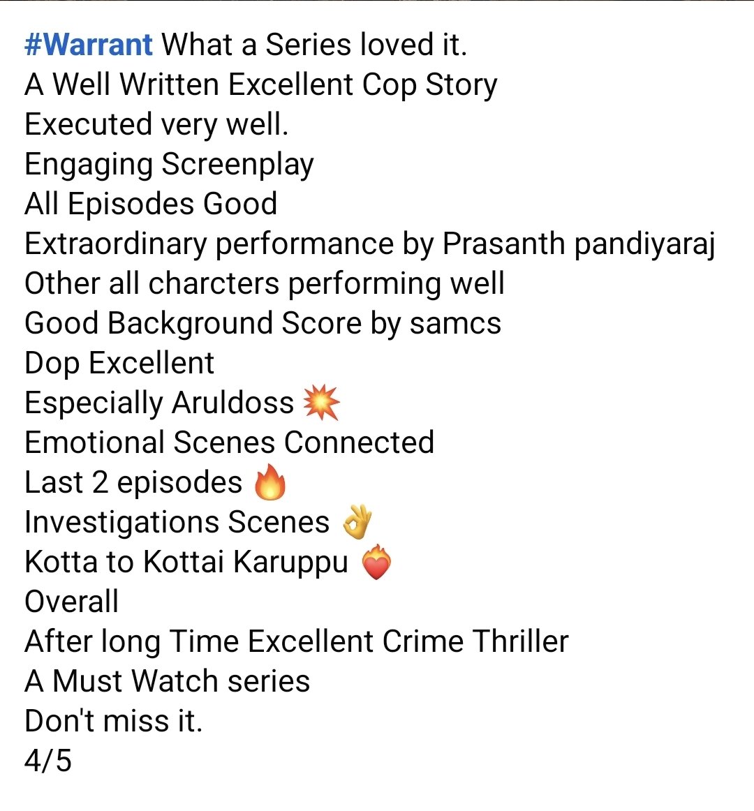 SehwagM45's tweet photo. #Warrant 💥🔥❤️‍🔥
A Well Written Excellent Cop Drama 
Don't miss it 
4/5 https://t.co/st61KRvO1Z