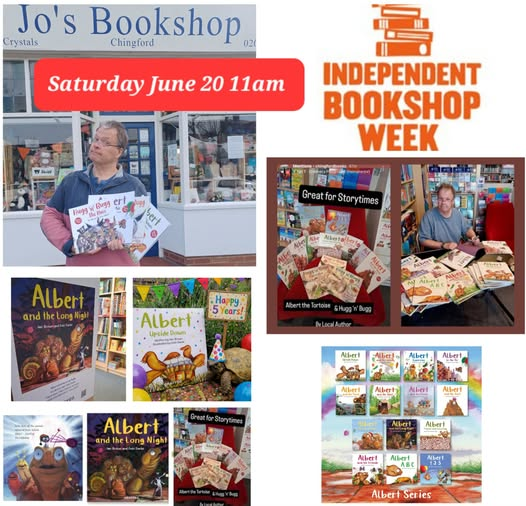 IanBrownTV's tweet photo. It's #June - #IndependentBookshopWeek is coming. On Saturday June 20 from 11am we'll be at Jo's #Bookshop @ChingfordBooks #Chingford for #ALBERTthetortoise &amp; #HuggnBugg #picturebooks #storytime. #Storytelling #tortoises #yetis #dinosaurs + giveaways https://t.co/Olqfb5dRZA https://t.co/Wy0YtZMs0I
