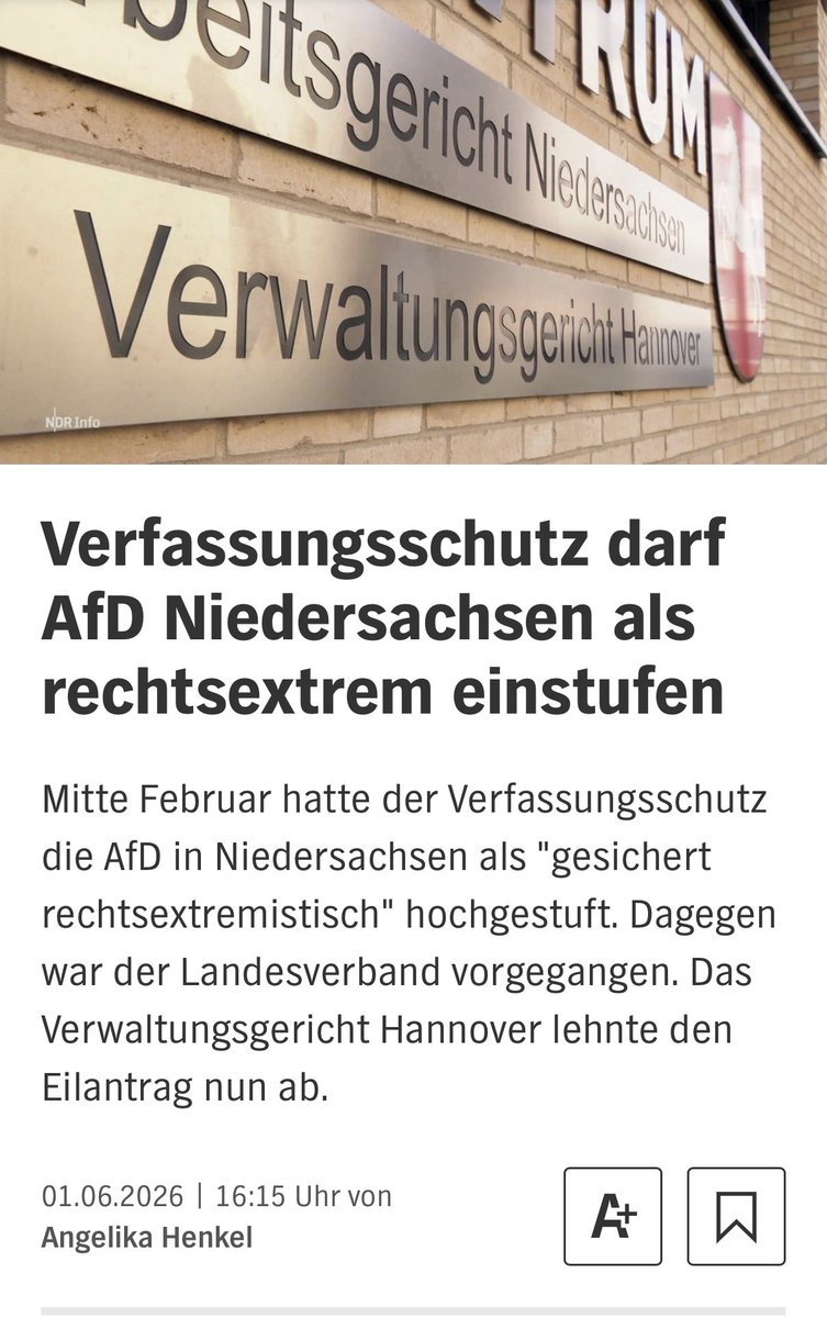 herr_ha_aus_be's tweet photo. „Das Gericht folgt der Argumentation, dass die #AfD verfassungsfeindlich ist.“

Alles andere als die Entscheidung, dass der @LfV_NI die AfD in Niedersachsen als #rechtsextrem einstufen darf, wäre auch absurd gewesen.

#AfDVerbotsverfahren https://t.co/LHei2nxsLH