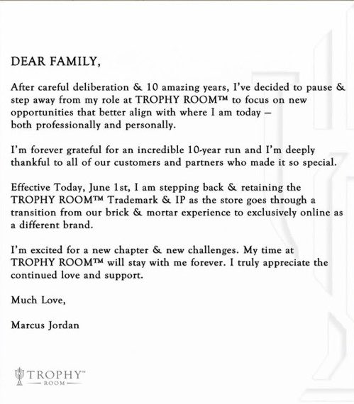 SnkrsStock's tweet photo. Marcus Jordan is stepping away from TROPHY ROOM™ after 10 years. https://t.co/kRDyEbPoxk