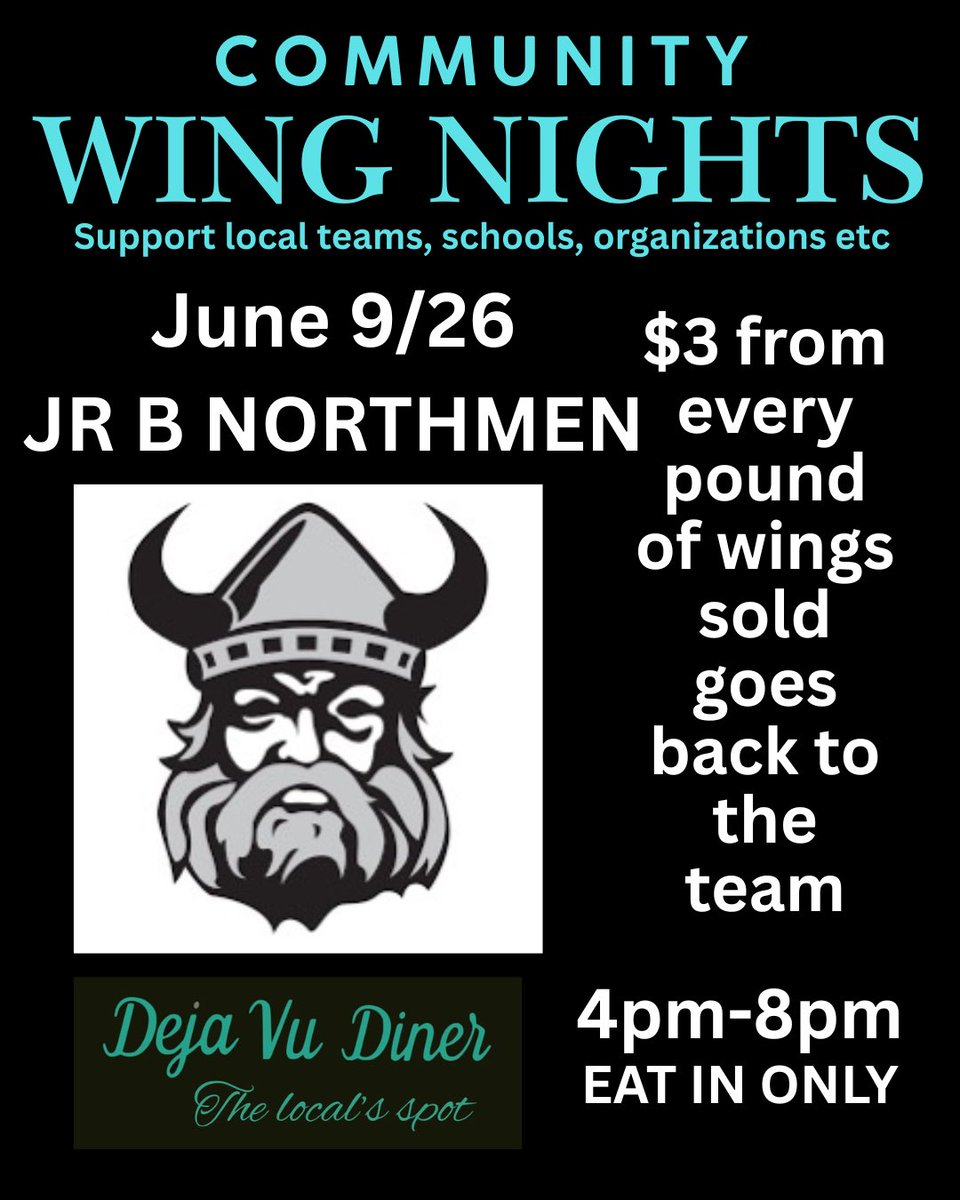 JrBNorthmen's tweet photo. we’ve got a big week coming up…starting wednesday ‼️
june 3 | home game  | 8PM
june 6 | home game &amp;minor lacrosse night | 7PM 
june 7 | the boys bring their dads along for our away game| 2PM 
june 9 | wing night | every $3 from each pound of wings goes back to support the boys https://t.co/r0oECxNi40