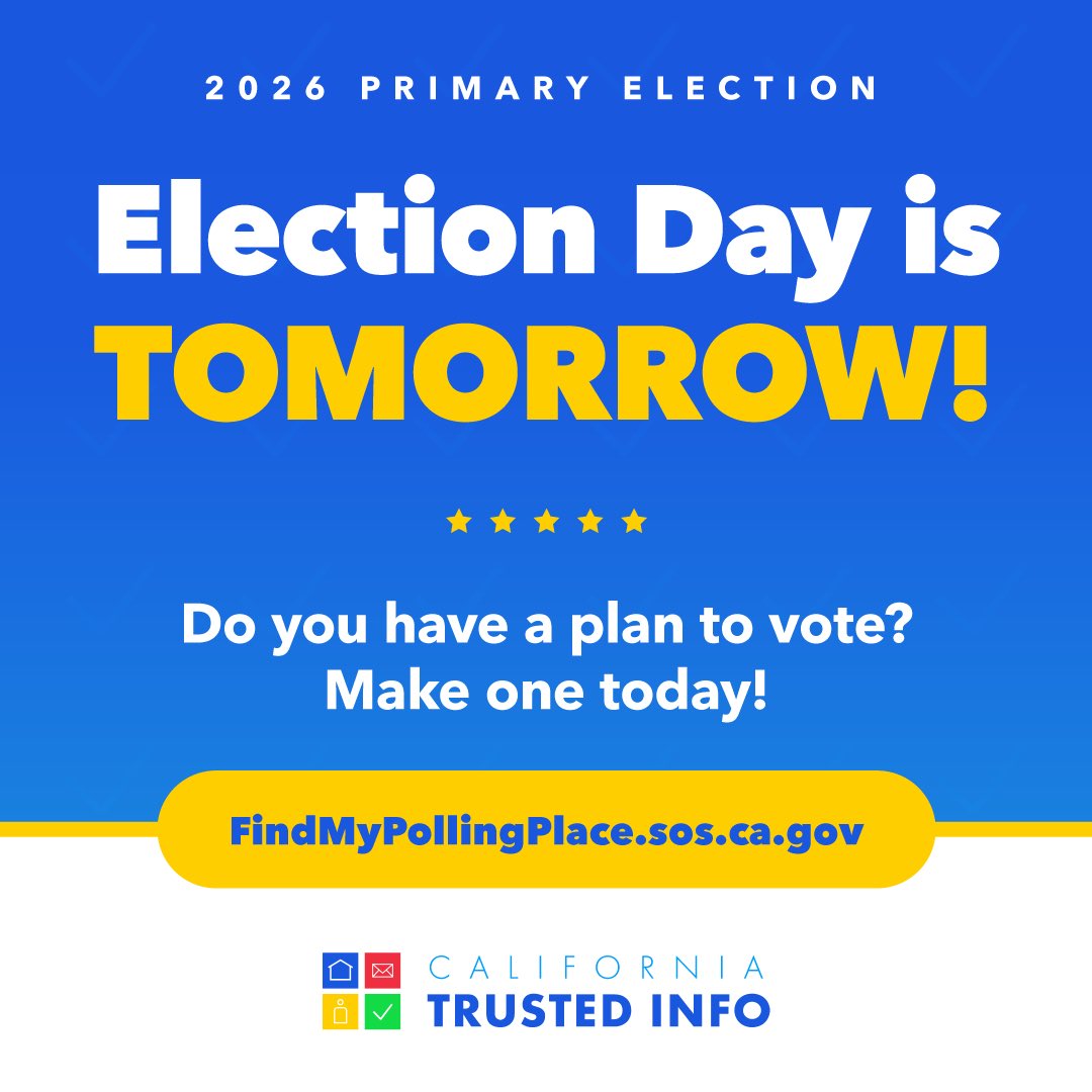 CASOSVote's tweet photo. Tomorrow is Election Day for the 2026 Primary Election! Polls open at 7 a.m. across California and will be open until 8 p.m. Remember you have rights as a voter, including casting your ballot and to vote if you’re in line by 8 p.m. https://t.co/oZsCl9hQ1b