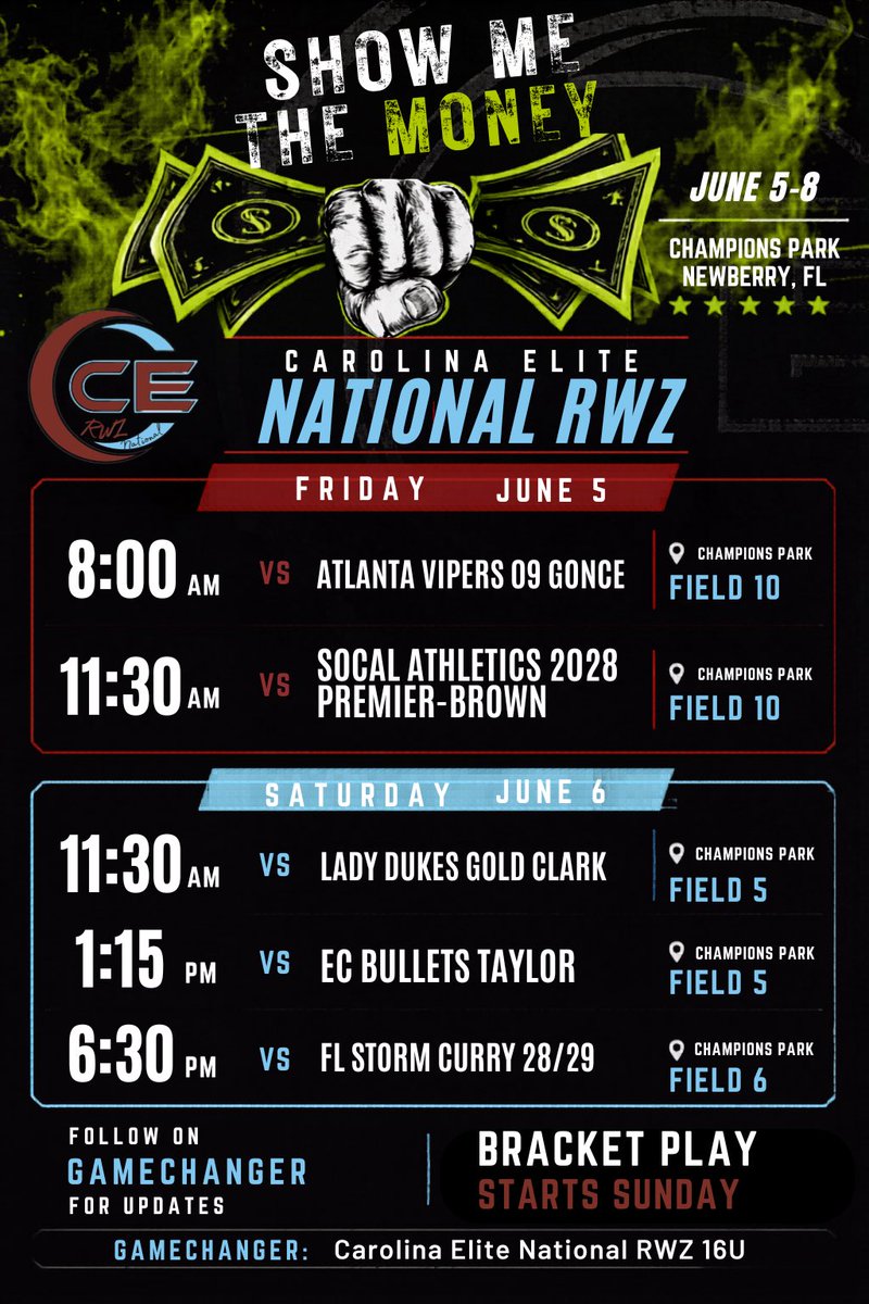CESCRWZ's tweet photo. 🚨💥 SCHEDULE DROP 💥🚨

Headed to Newberry, FL this weekend for the PGF Show Me The Money 💰🥎

📢 Coaches, come check us out at Champions Park this weekend!

See you at the fields or follow along on GameChanger ⬇️

Carolina Elite National RWZ 16U

🅱️E ELITE‼️
@CarEliteNCorg https://t.co/7PnRHMkL7C