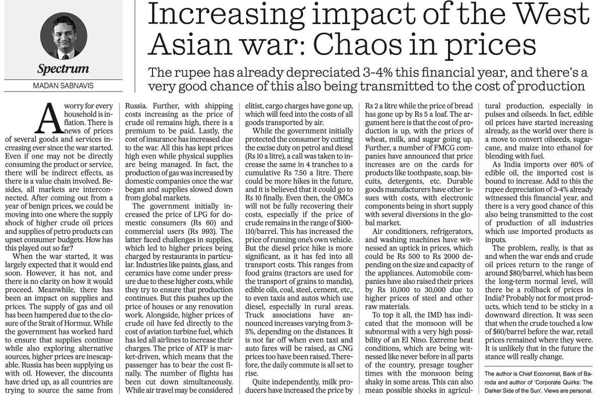 fpjindia's tweet photo. #EditPage | Increasing Impact Of The West Asian War: Chaos In prices
✍️ Madan Sabnavis
🔗https://t.co/kZ6QaNEnx5
#WestAsiaWar | #FuelPrices | #FPJ https://t.co/ZlJhS3SDus