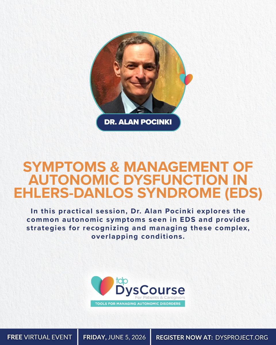 dys_project's tweet photo. Meet the Speaker: Dr. Alan Pocinki

Join DysCourse on June 5 for his free virtual session on autonomic dysfunction in EDS, with practical insight for recognizing and managing overlapping symptoms.

Register through our IG bio, DysCourse ’26 highlight, or current story. https://t.co/Ocaq37huf7