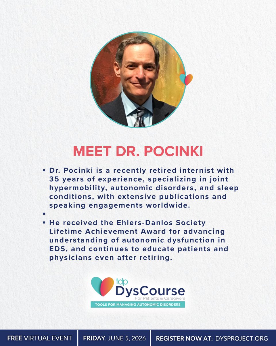 dys_project's tweet photo. Meet the Speaker: Dr. Alan Pocinki

Join DysCourse on June 5 for his free virtual session on autonomic dysfunction in EDS, with practical insight for recognizing and managing overlapping symptoms.

Register through our IG bio, DysCourse ’26 highlight, or current story. https://t.co/Ocaq37huf7