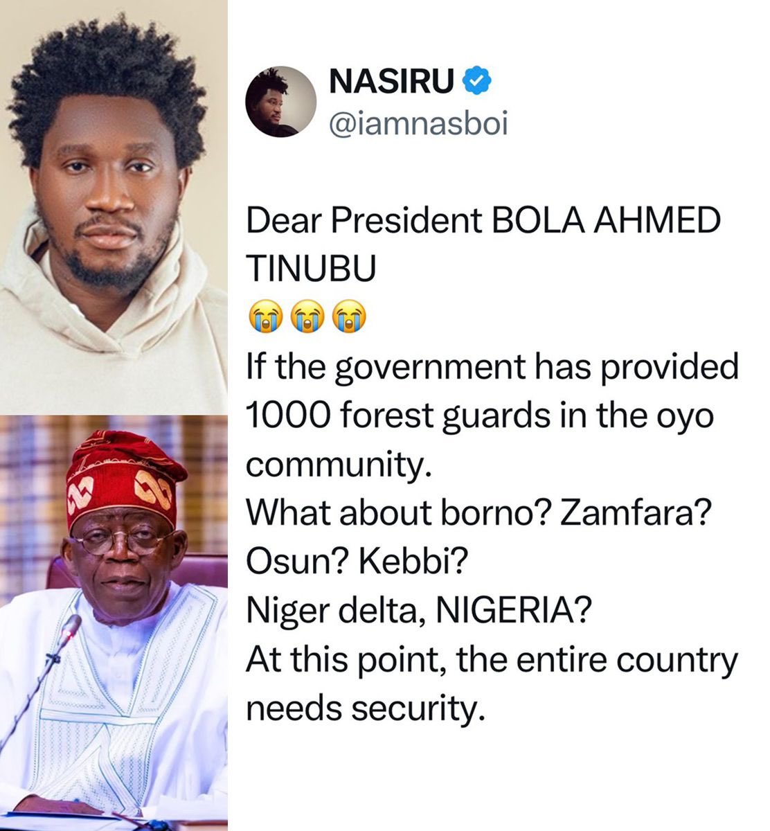 yabaleftonline's tweet photo. "The entire country needs security" — Nasboi reacts to President Tinubu’s directive to recruit 1,000 forest guards in Oyo State to combat insecurity. https://t.co/kaXsEOHDec