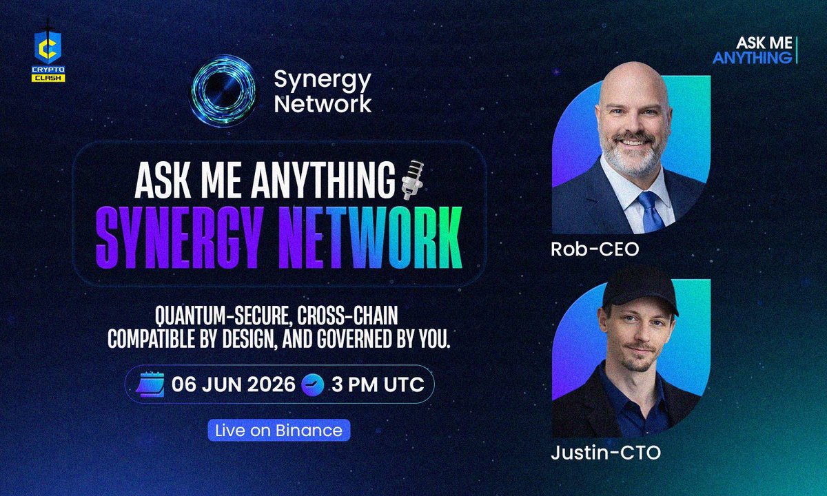 SynergyNetHQ's tweet photo. Synergy Network AMA is coming this Saturday on Binance Live.

June 6, 2026 | 3 PM UTC

Bring your questions about quantum-secure infrastructure, cross-chain design, governance, and the $SNRG roadmap.

Be ready. Rob and Justin will answer community questions live.

#Synerg... https://t.co/yYDL9fiZQ9