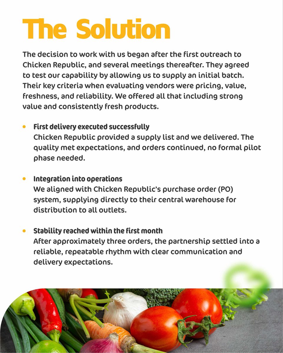 PricePally's tweet photo. From a single trial delivery to becoming a trusted produce partner

At PricePally, we don’t just deliver fresh produce, we help businesses maintain quality, consistency, and efficiency at scale

Our partnership with Chicken Republic is proof that when freshness, reliability, and value come together, great things happen

Swipe through to see how a simple first order grew into a long-term partnership built on trust. 🌱🚚

#PricePally #chickenrepublic #B2BSupply #FarmToBusiness