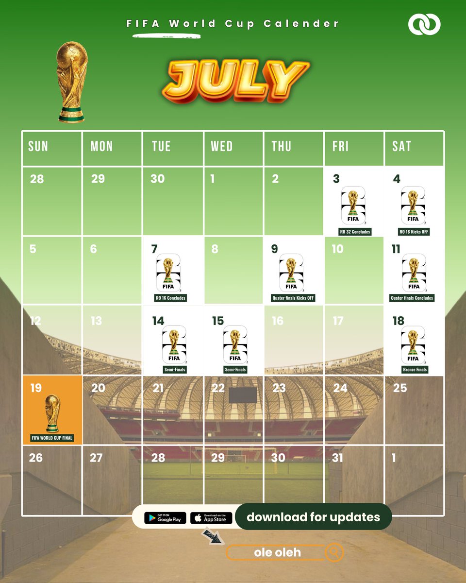 olemarkets's tweet photo. The FIFA World Cup Finals calendar is here — save the dates, follow the action, and never miss a big match.🏆

Download the Ole Oleh App now for free match predictions, fixtures, updates, and football insights. https://t.co/uk2bJzz9QB