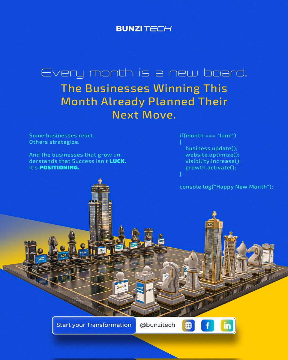 _bunzitech's tweet photo. *New Month. New Board. New Moves. ♟️* 

The winners of this month already planned their next move before the month began.

Don't leave your business growth to luck. Build visibility. Strengthen your brand. Position for success.

Happy New Month from BunziTech! 🚀 https://t.co/wPj0EB1awD
