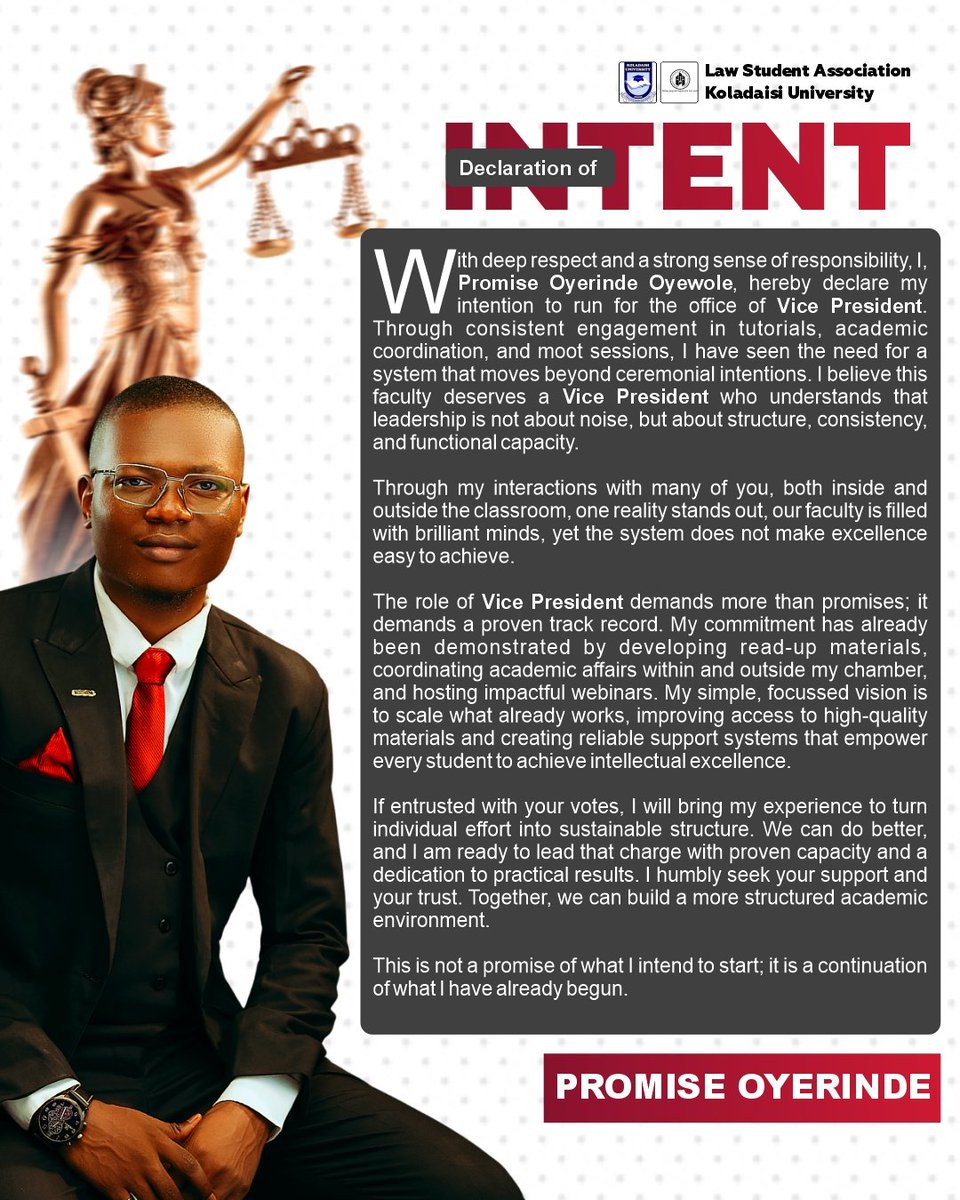 veestix79's tweet photo. My people from Faculty of Law, Koladaisi University, behold @Young_Prom the right for the position of Vice President.

I can attest to the fact that he is a leader per excellence whose main goal is to serve the populace who he seeks to serve.

He is a choice that you won't regret https://t.co/b487JSunYH