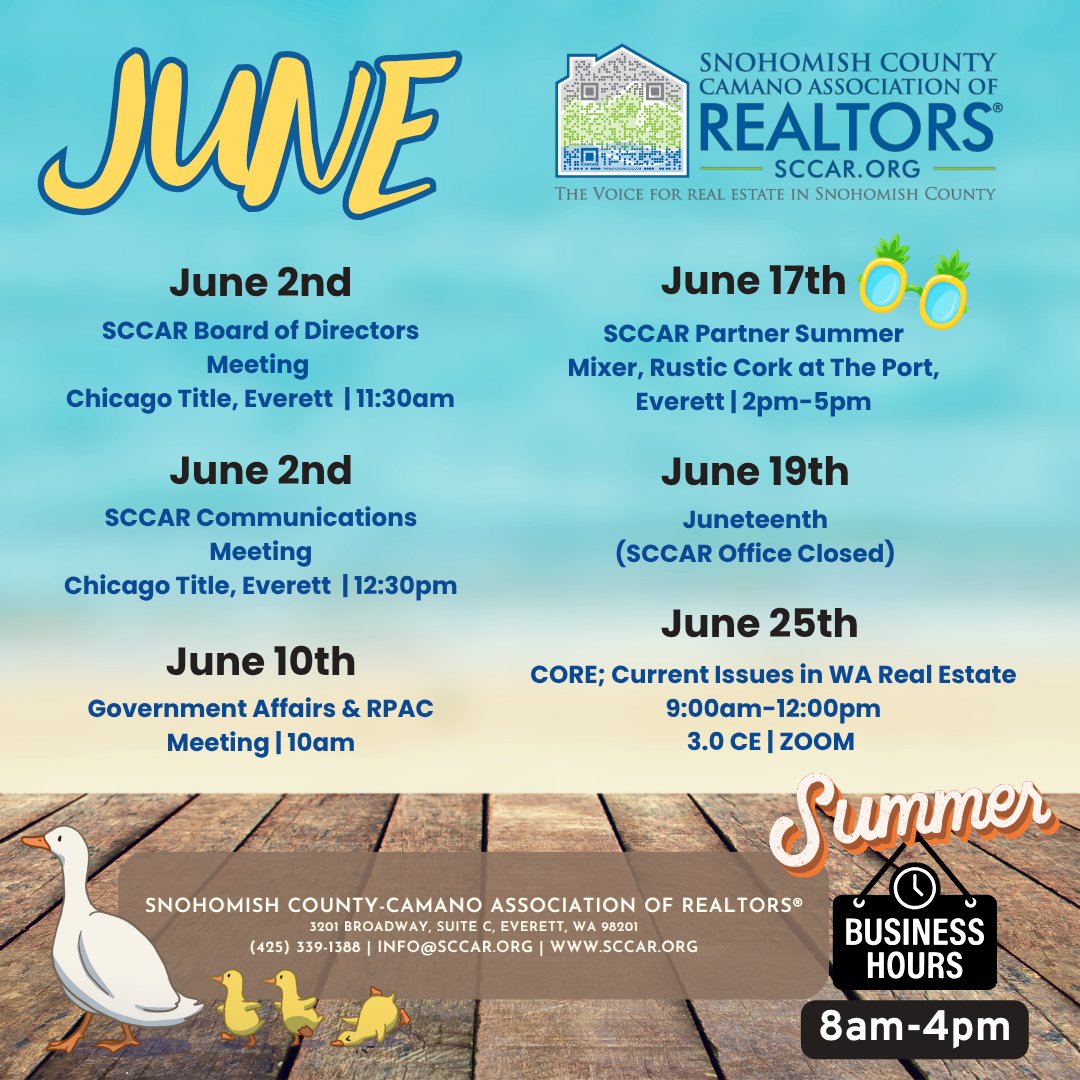 sccarealtors's tweet photo. June Month at a Glance🗓️🌞😎
#SCCAR #REALTORS #Events #Classes https://t.co/w34ltLG336