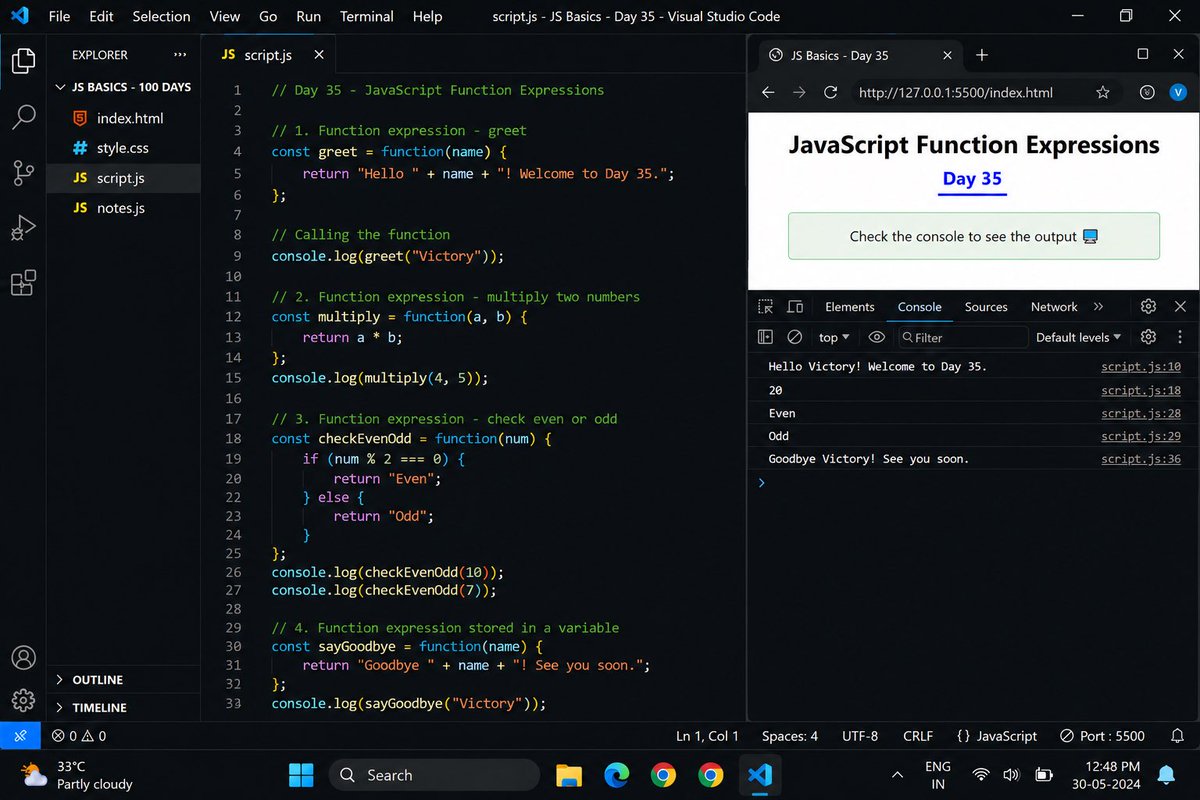 victory_dev's tweet photo. Day 35 🚀

Learned JavaScript Function Expressions today 💻

Practiced:
• Function expressions
• Anonymous functions
• Calling functions from variables

#javascript #100DaysOfCode https://t.co/SLNDyjot24