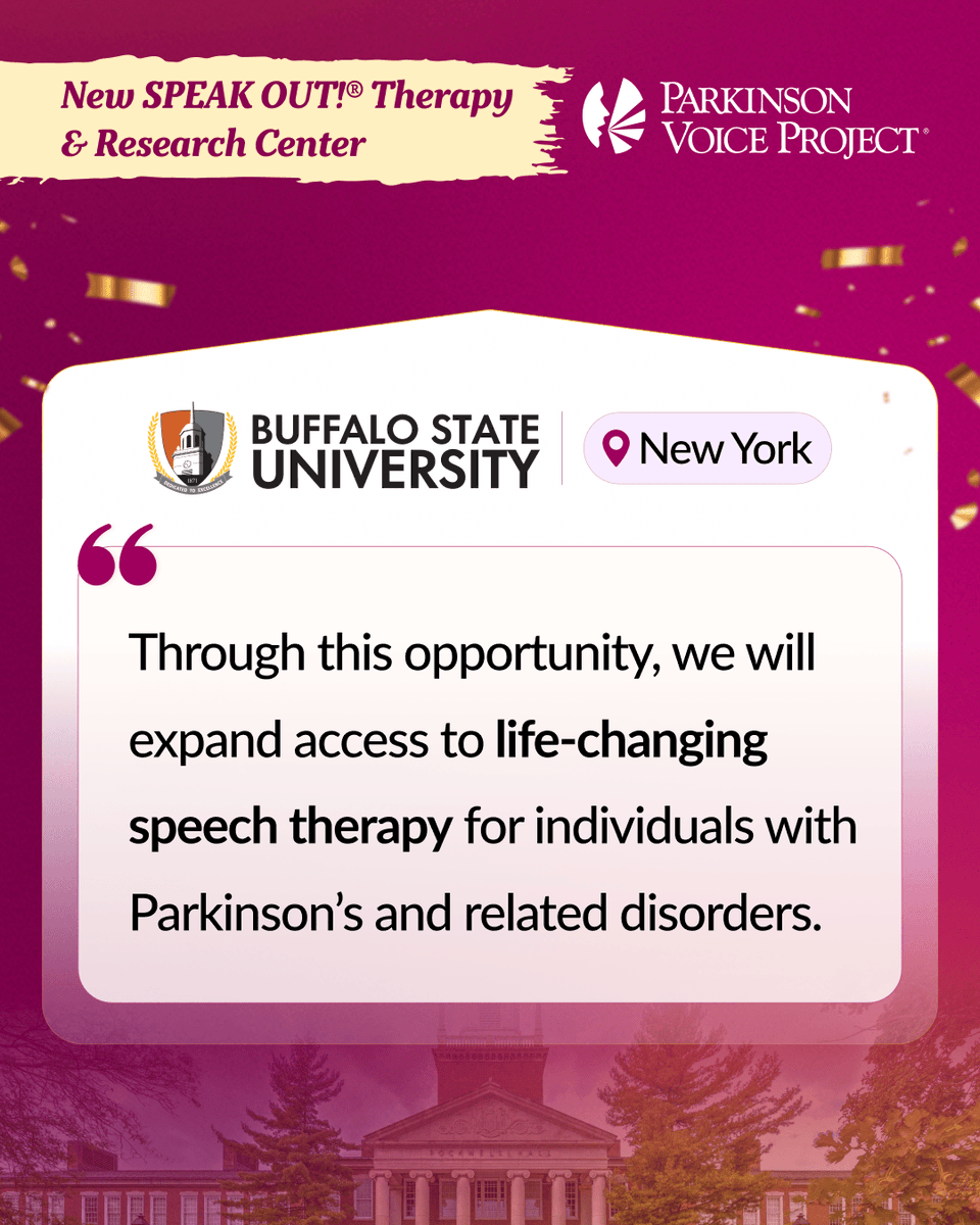 PVP646's tweet photo. People with Parkinson's in New York have access to SPEAK OUT! Therapy at no charge.

@buffalostate 

#ParkinsonsCare #SpeechTherapy #SPEAKOUTTherapy #HealthcareAccess #NewYork https://t.co/Gr8YKRKGUS